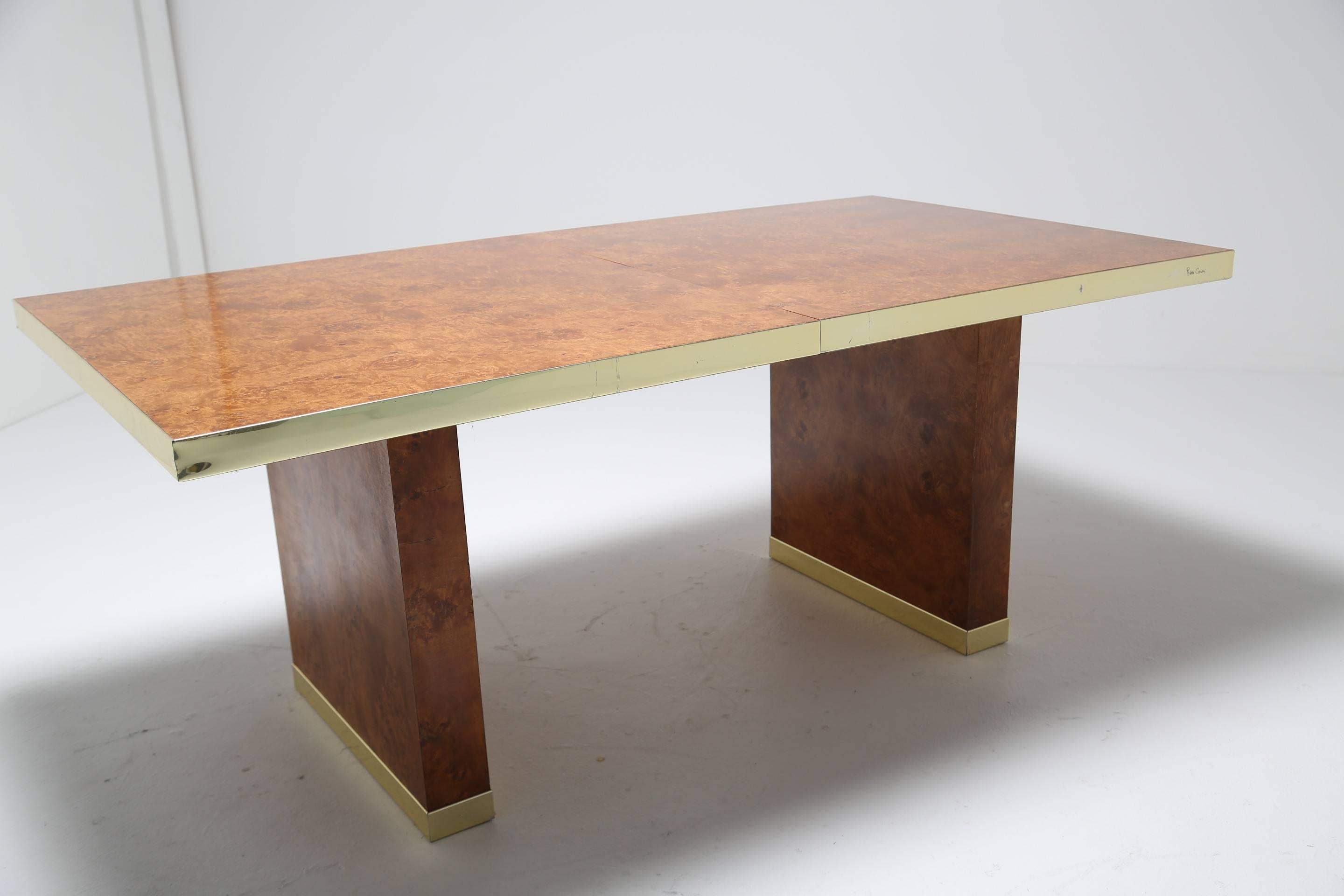 Brass Pierre Cardin signed burlwood and brass extending mid century dining table, 1970s For Sale