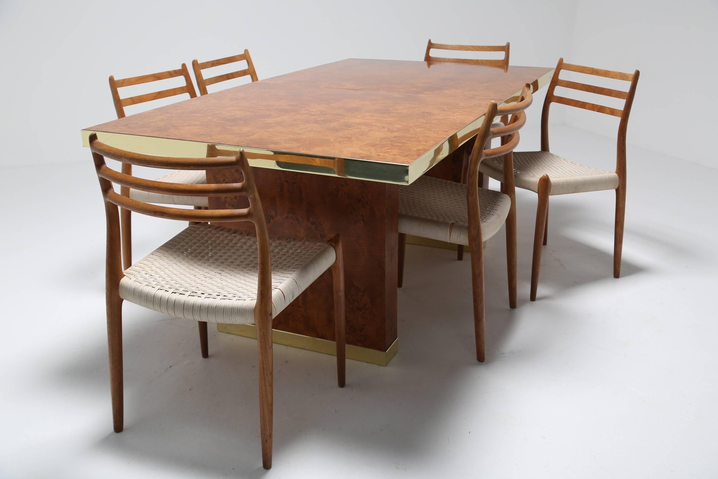 Pierre Cardin signed burlwood and brass extending mid century dining table, 1970s For Sale 1