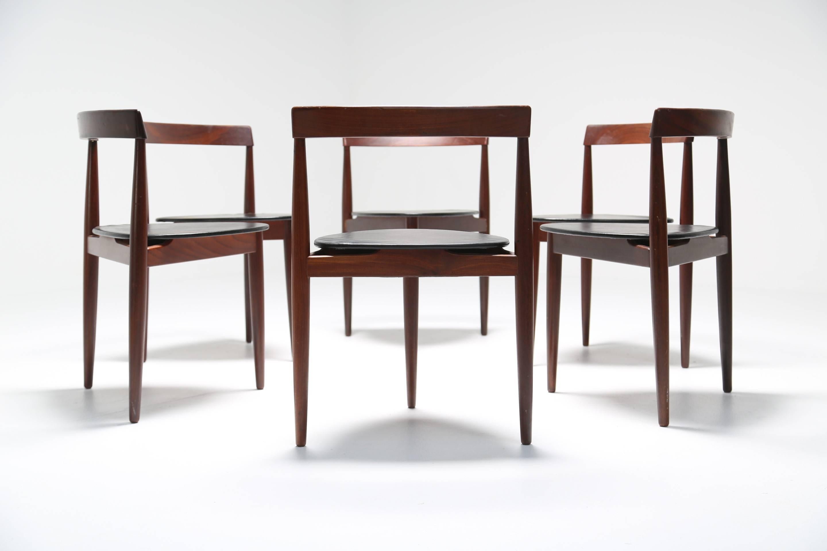 A set of six three-leg, curved back, teak Hans Olsen chairs made by Frem Rojle shown here matched with a gilt wheat sheaf breakfast table that is available in another listing. All stamped. Very easily and cheaply shipped anywhere in the world.