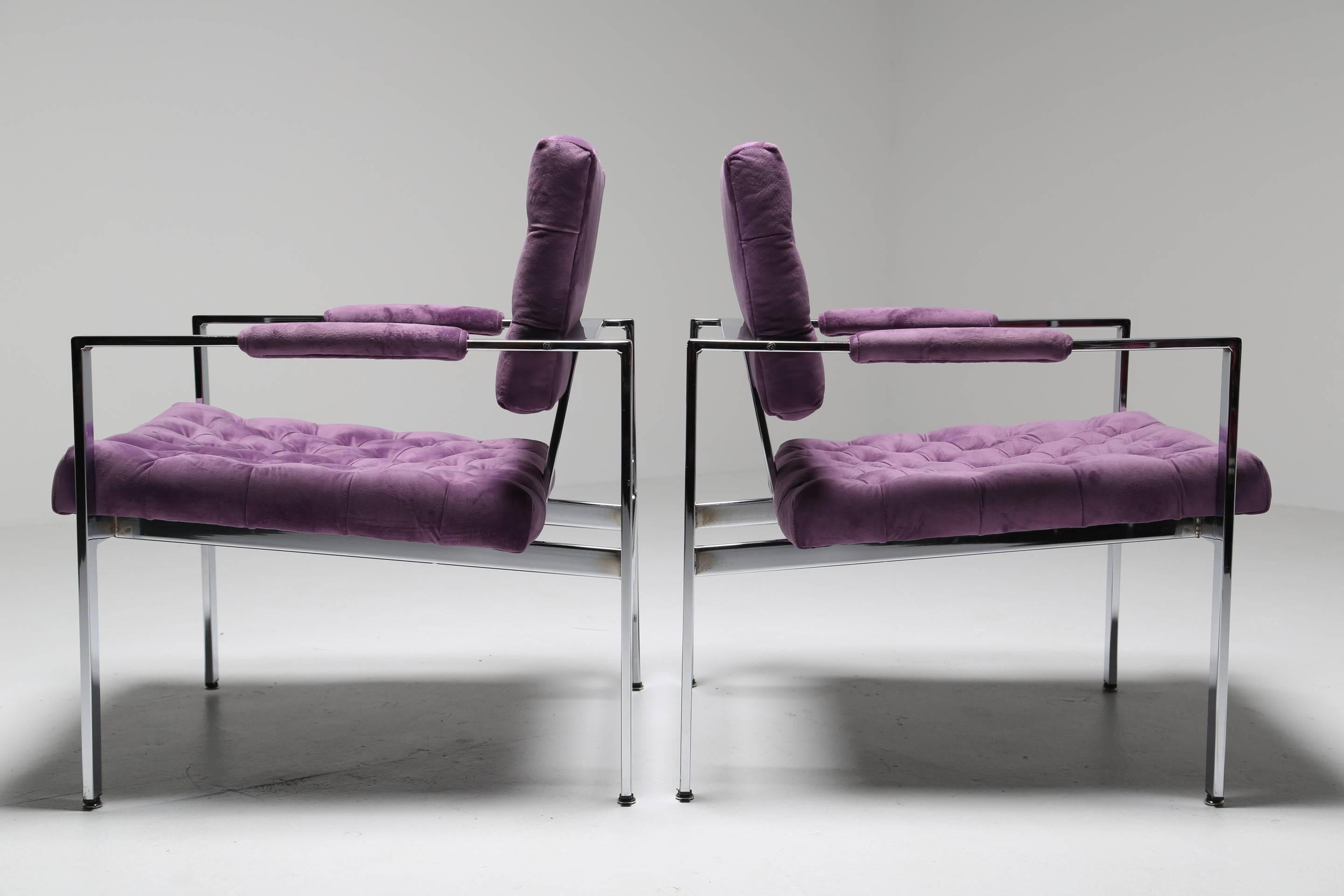 Velvet Milo Baughman chrome frame lounge chairs, Thayer Coggin. For Sale
