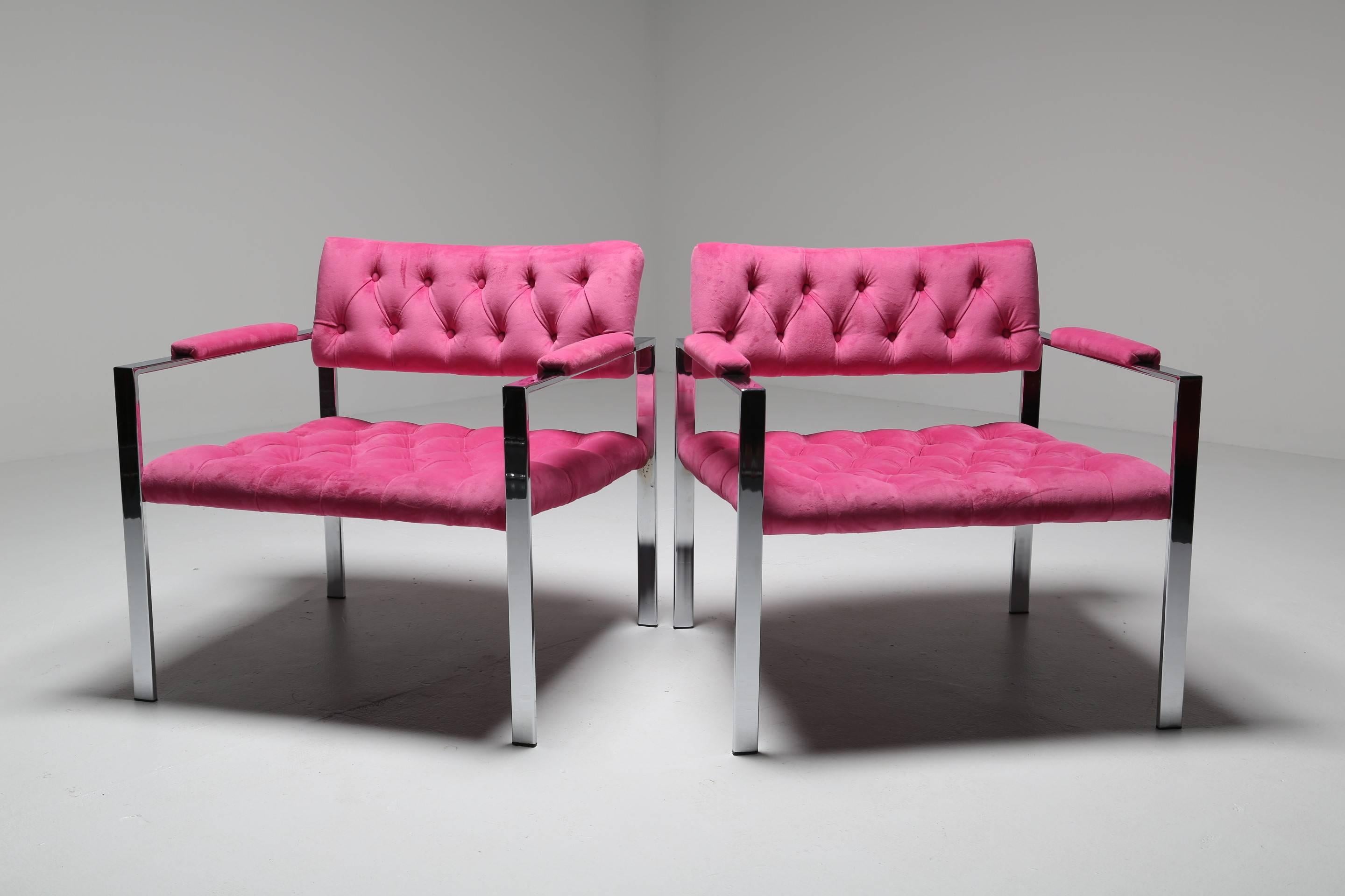 A pair of buttoned tufted velvet Erwin Lambeth chrome framed 1970s lounge chairs recently covered in a luxe pink velvet. We put a very poppy coloured velvet on these but they can easily be upholstered in a different fabric or customers own material.