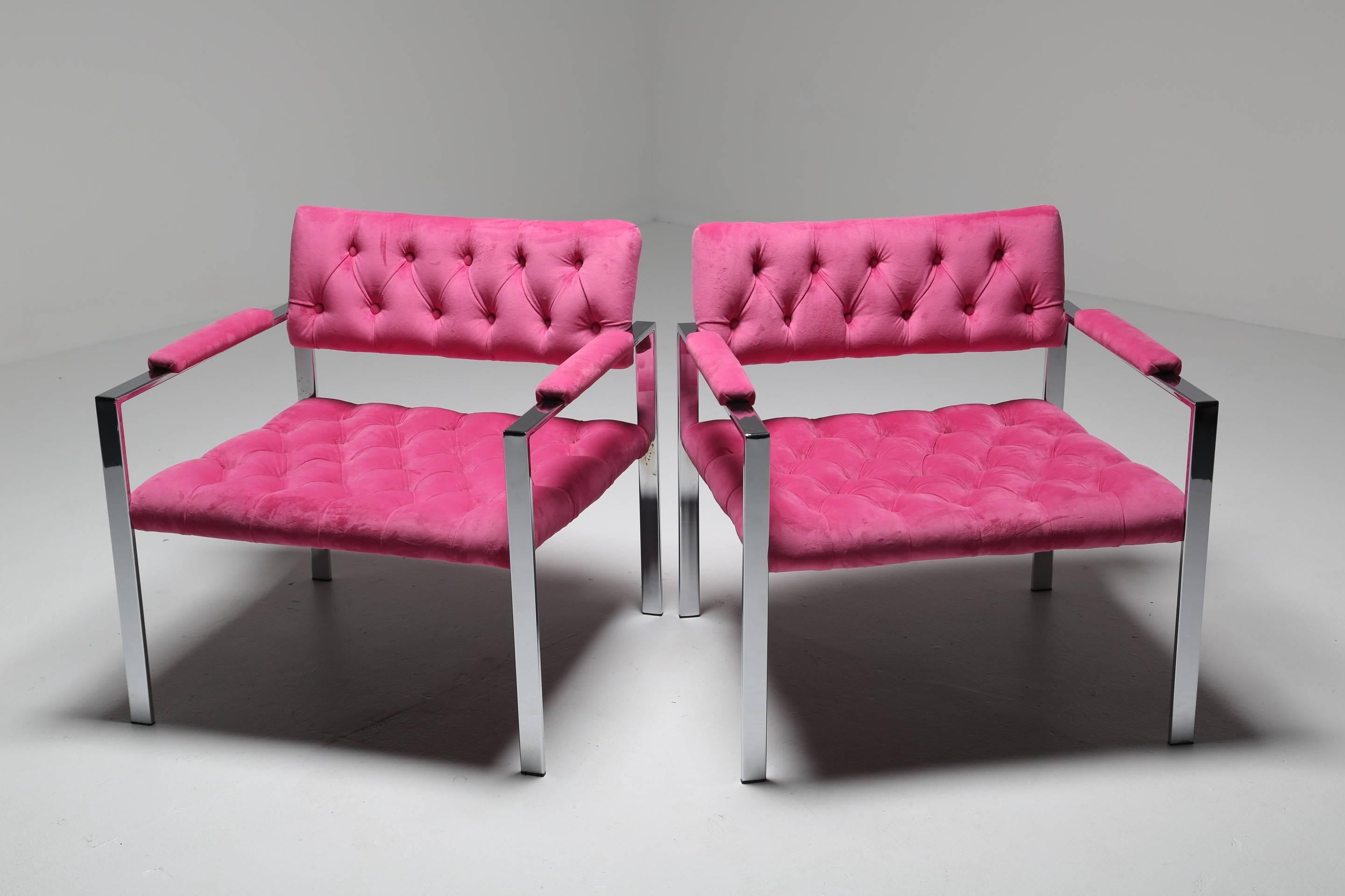 Mid-Century Modern Erwin Lambeth chrome frame mid century lounge chairs, buttoned tufted velvet.