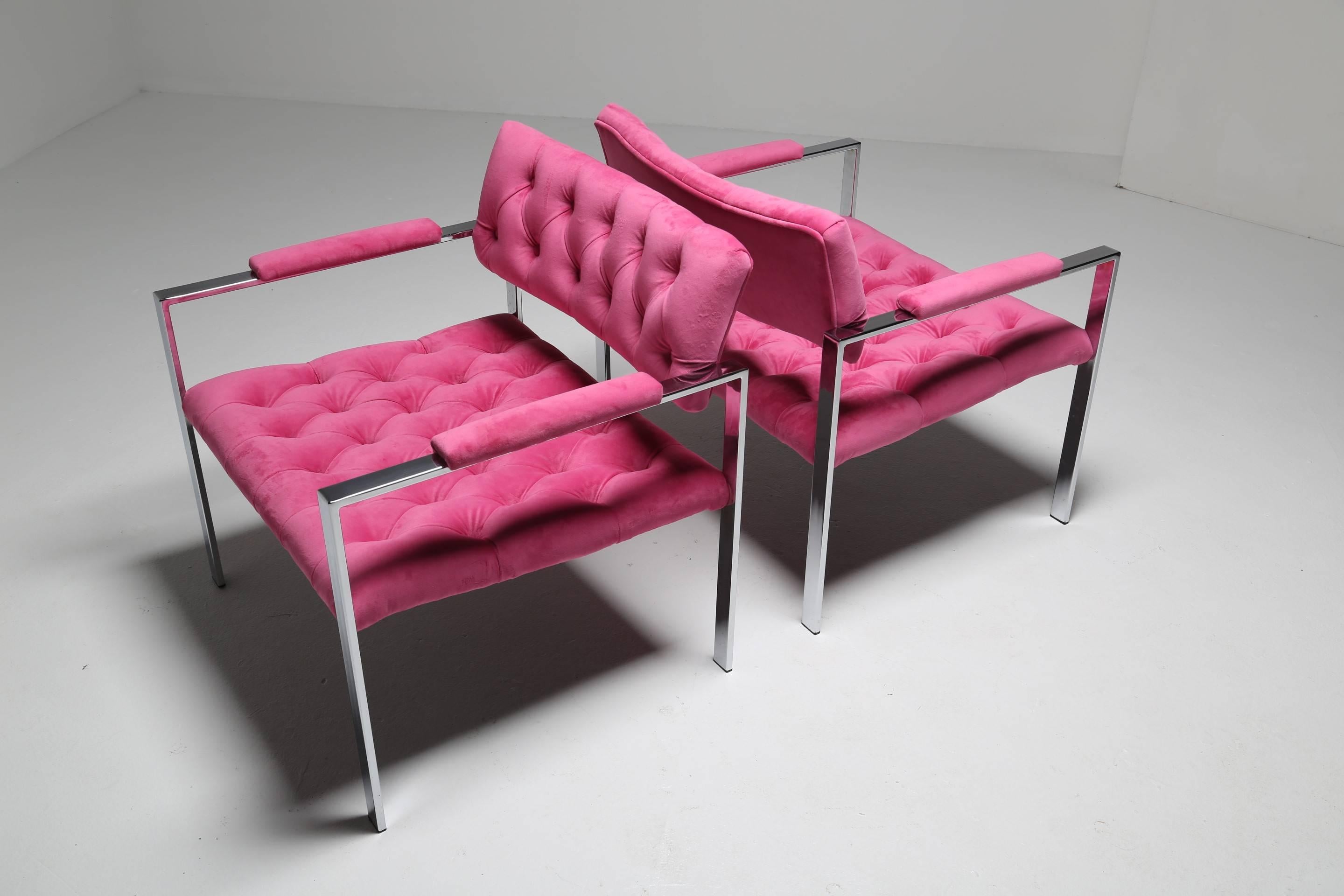 Late 20th Century Erwin Lambeth chrome frame mid century lounge chairs, buttoned tufted velvet.