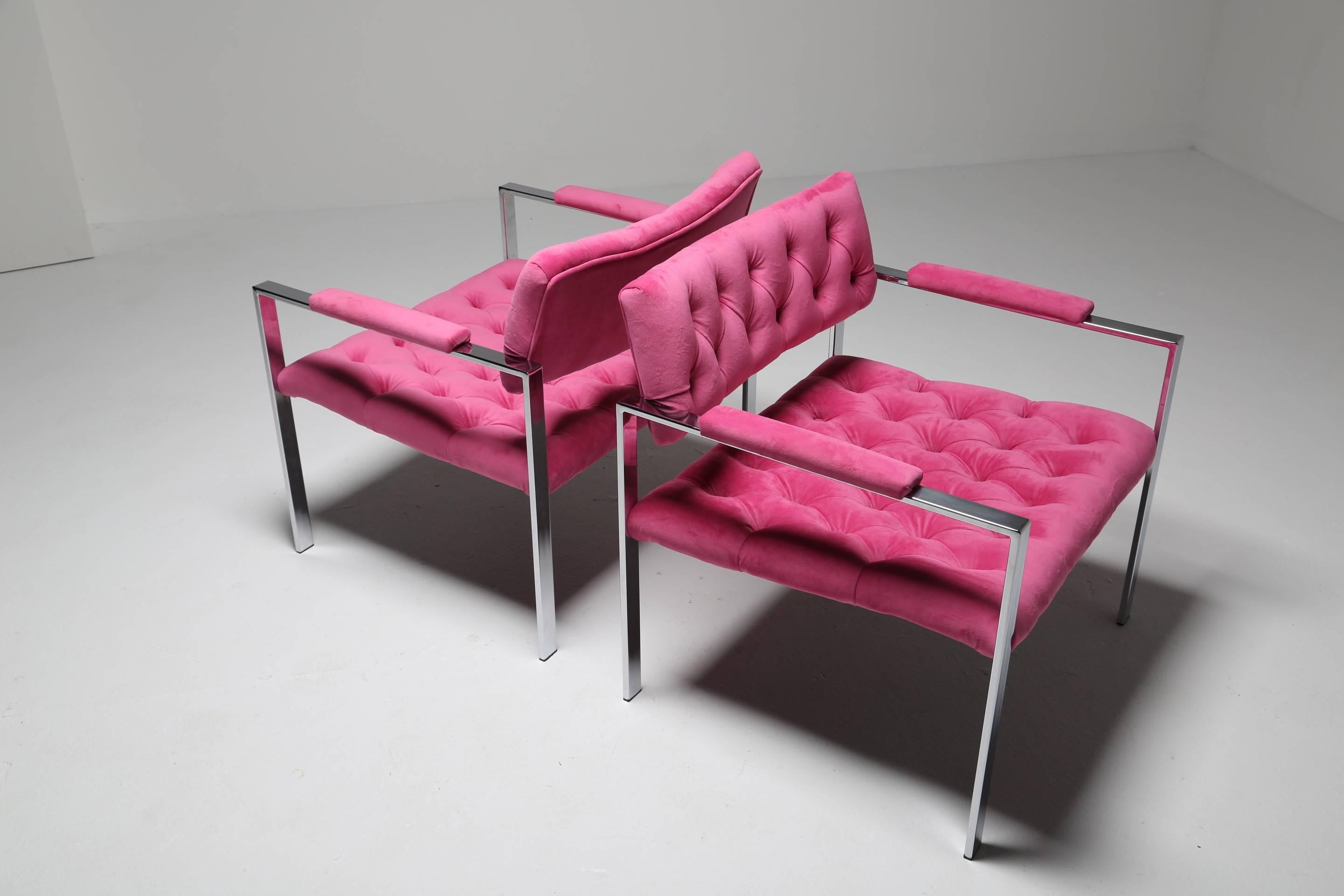 Chrome Erwin Lambeth chrome frame mid century lounge chairs, buttoned tufted velvet.