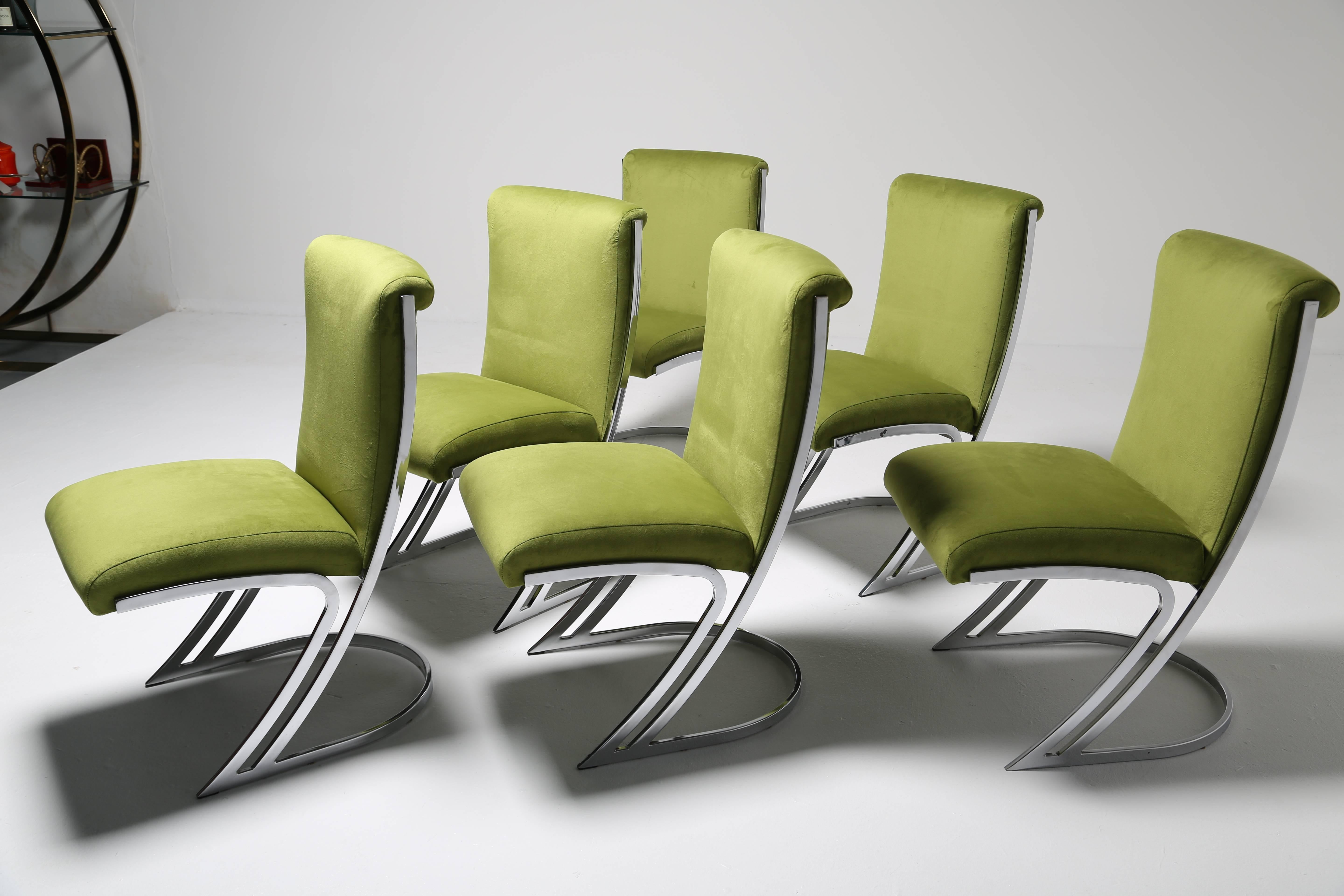 Plated Arthur Umanoff chrome frame dining chairs in the style of Pierre Cardin. For Sale