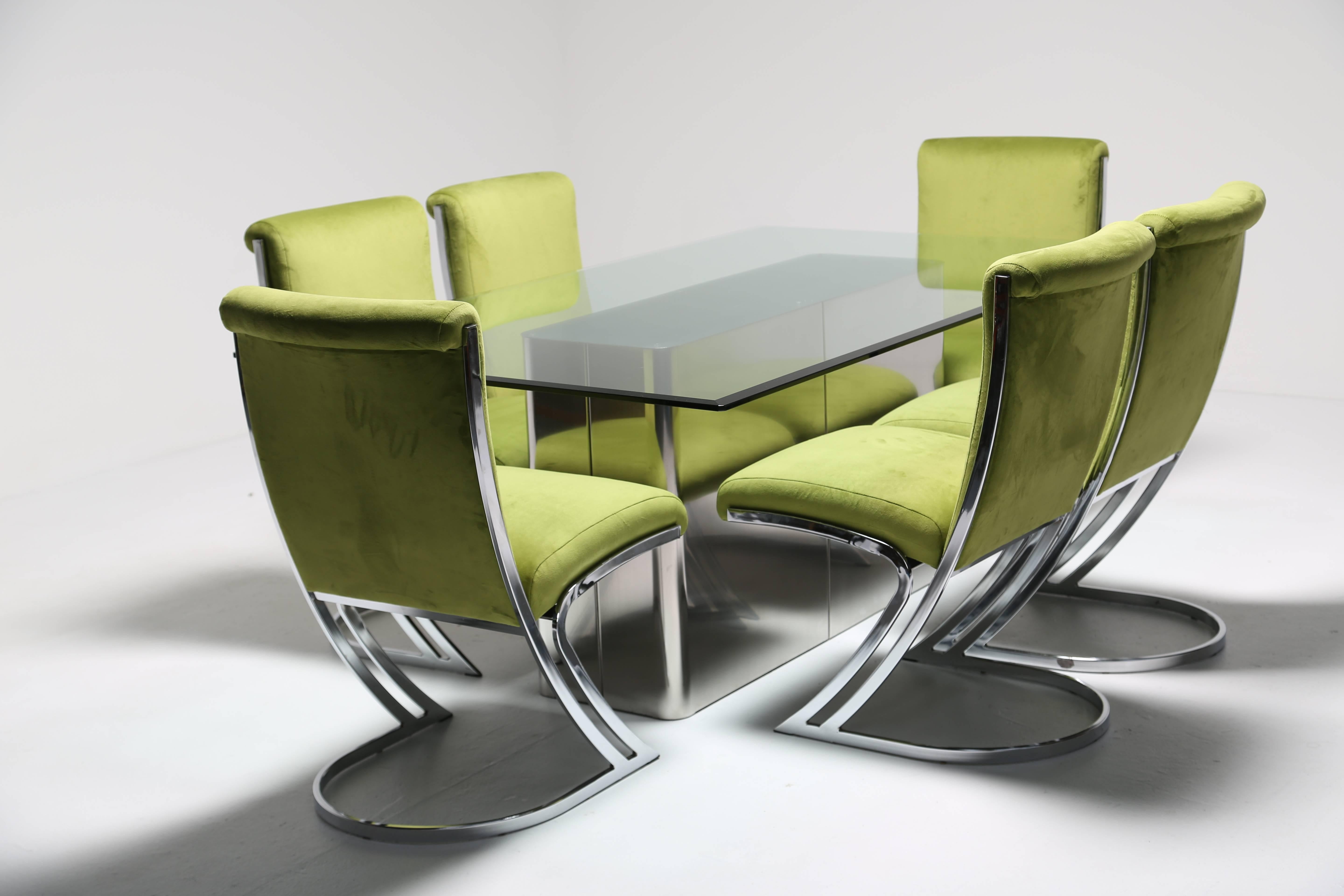 Velvet Arthur Umanoff chrome frame dining chairs in the style of Pierre Cardin. For Sale