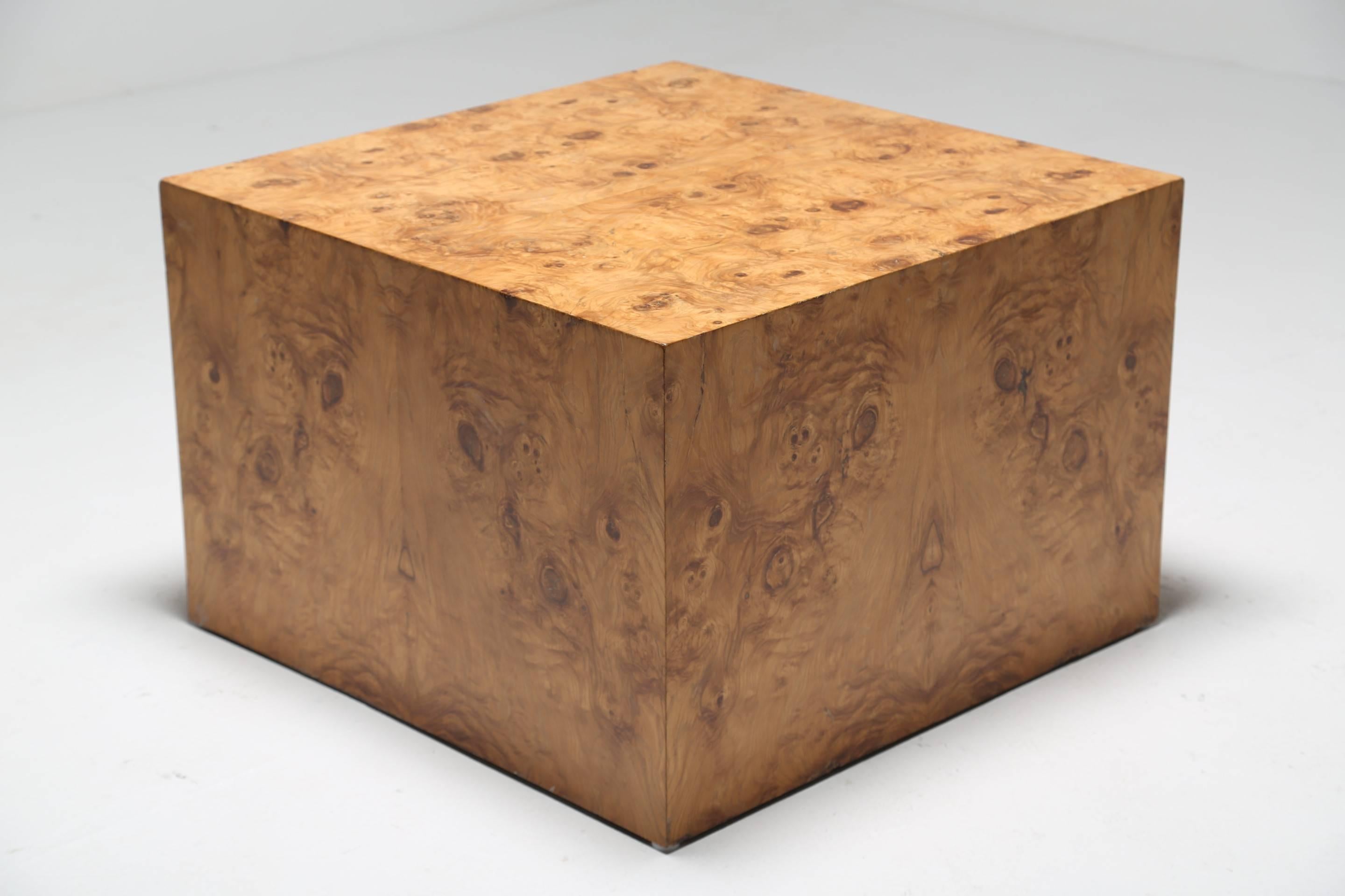 A large size Pace Collection burl wood cube end table. Originally purchased at the same time as a Pace Collection credenza and from the same shop so therefore thought to be by Pace Collection. We have photographed this table with a chair on top to
