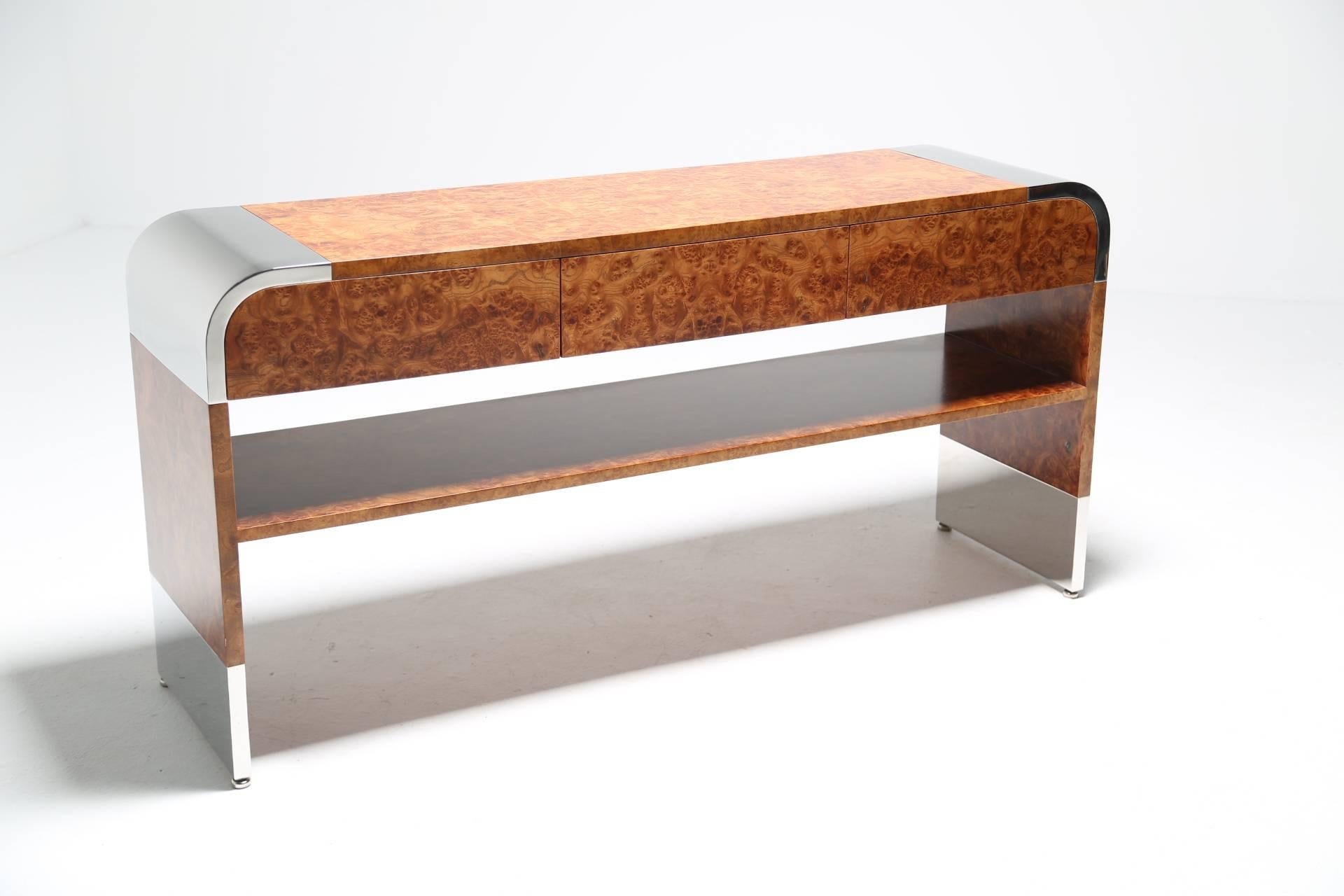 Mid-Century Modern Pace Collection chrome and burlwood console table by Leon & Irving Rosen.