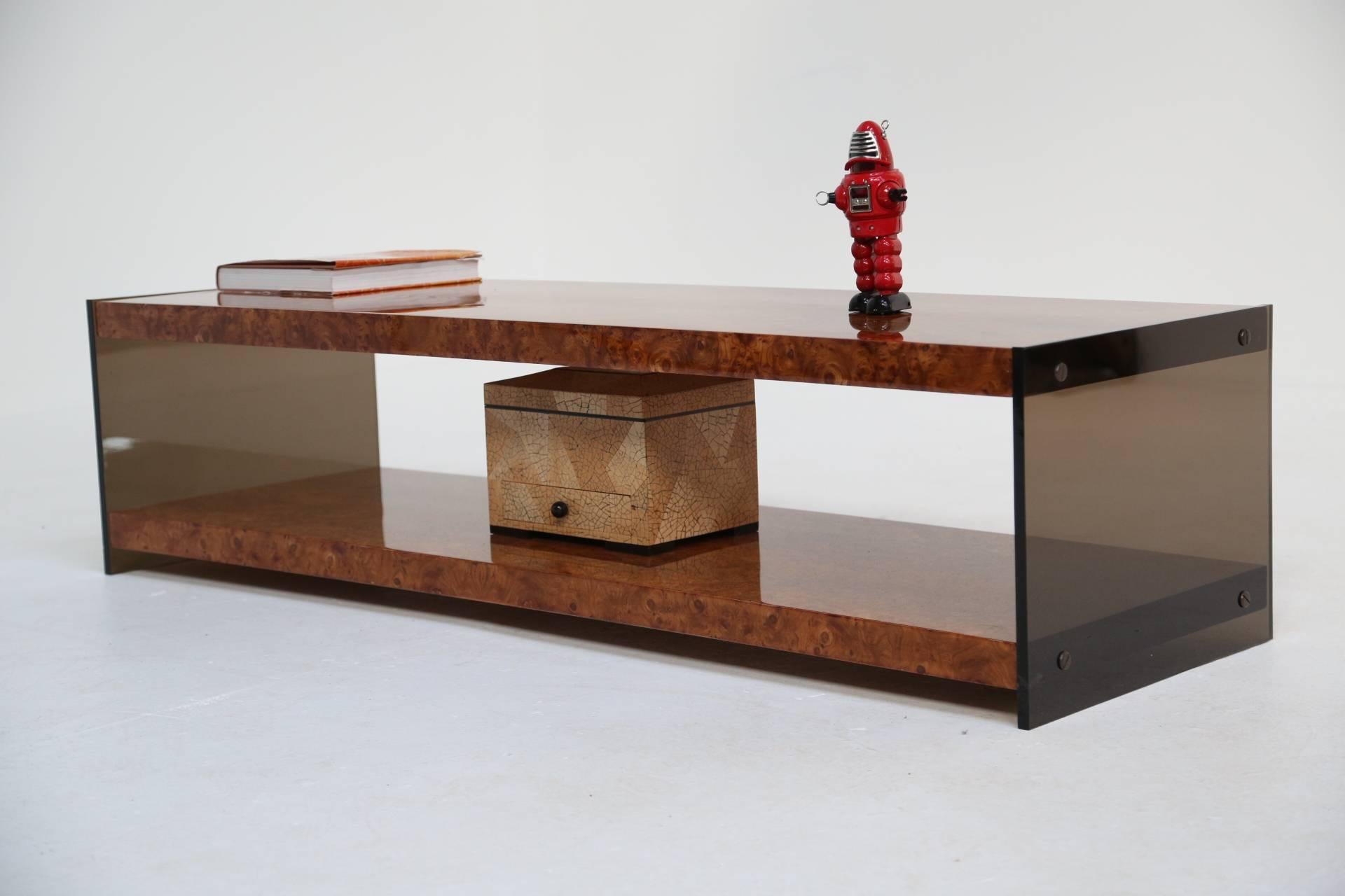 Glass Milo Baughman burlwood and glass mid-century coffee table.