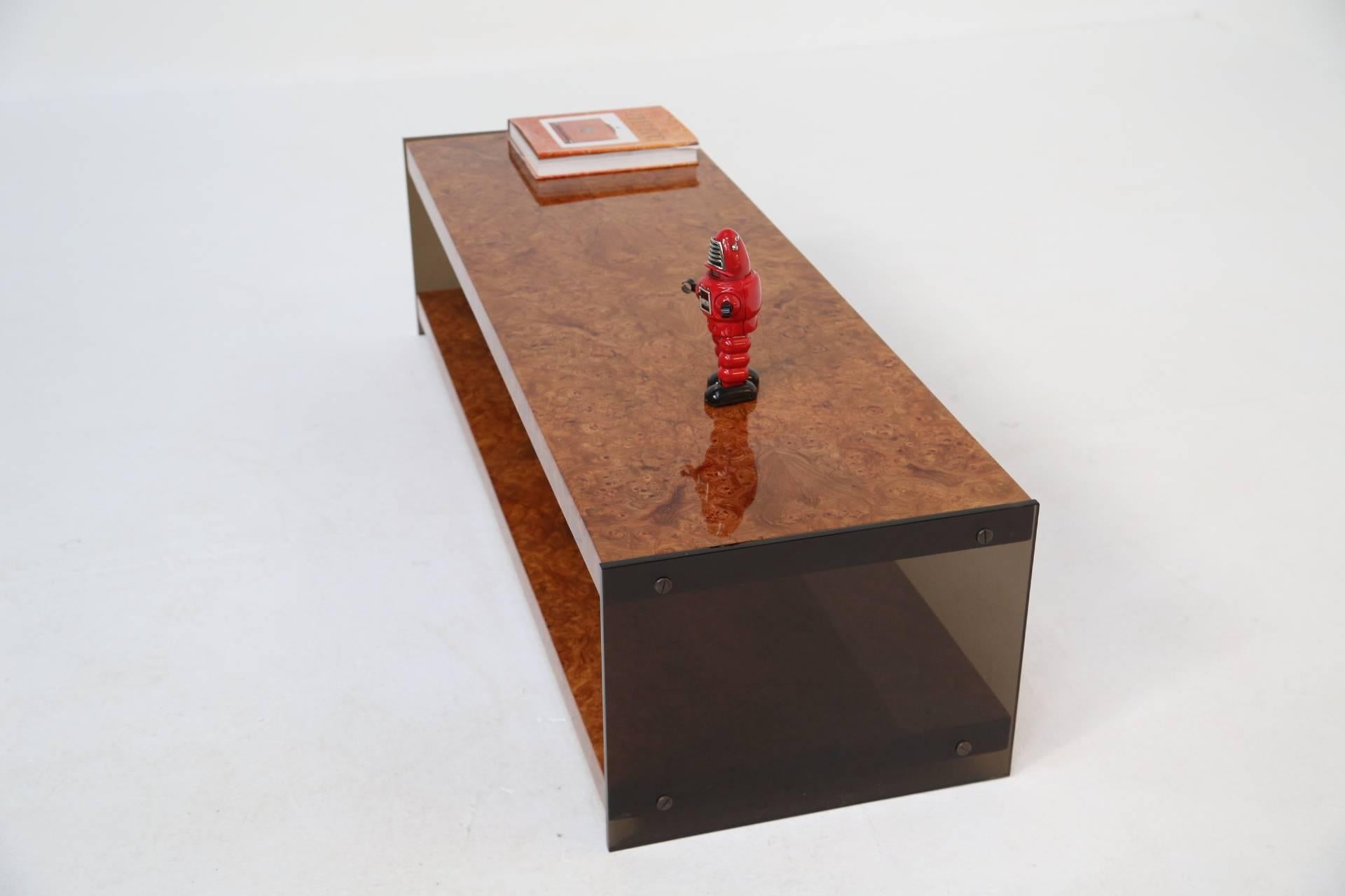 Milo Baughman burlwood and glass mid-century coffee table. 1