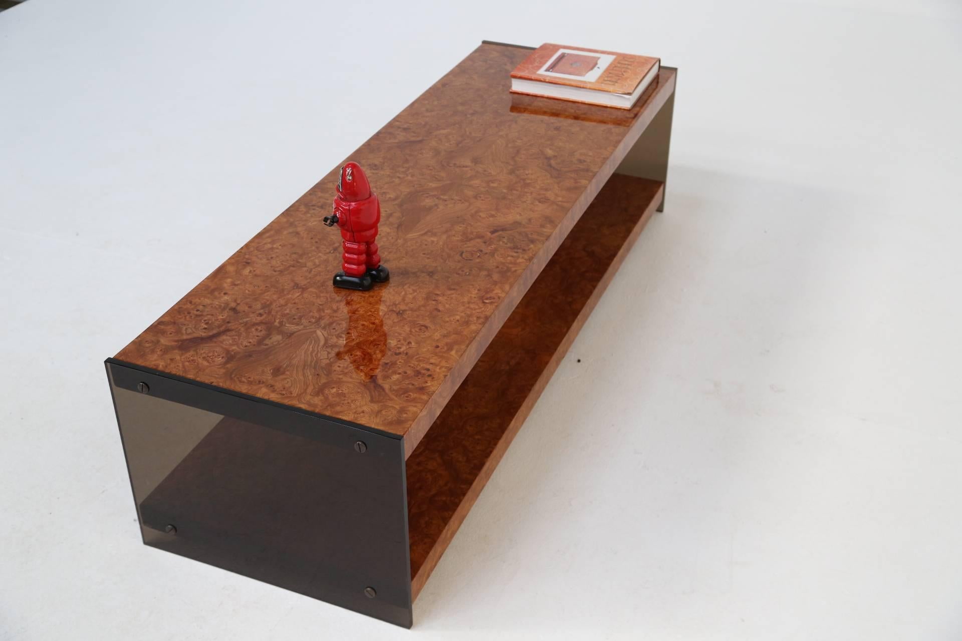 Milo Baughman burlwood and glass mid-century coffee table. 2