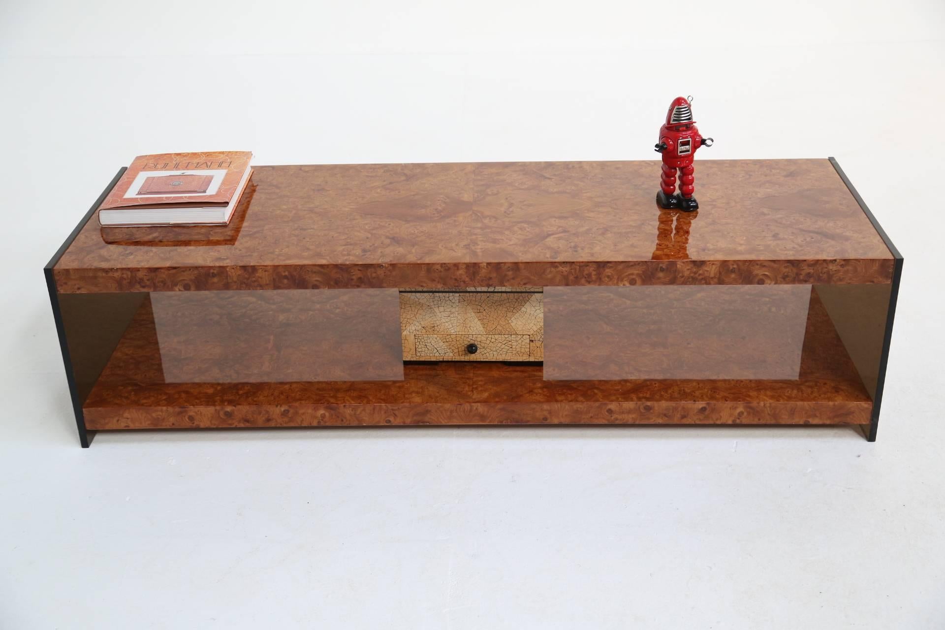 Milo Baughman burlwood and glass mid-century coffee table. 3