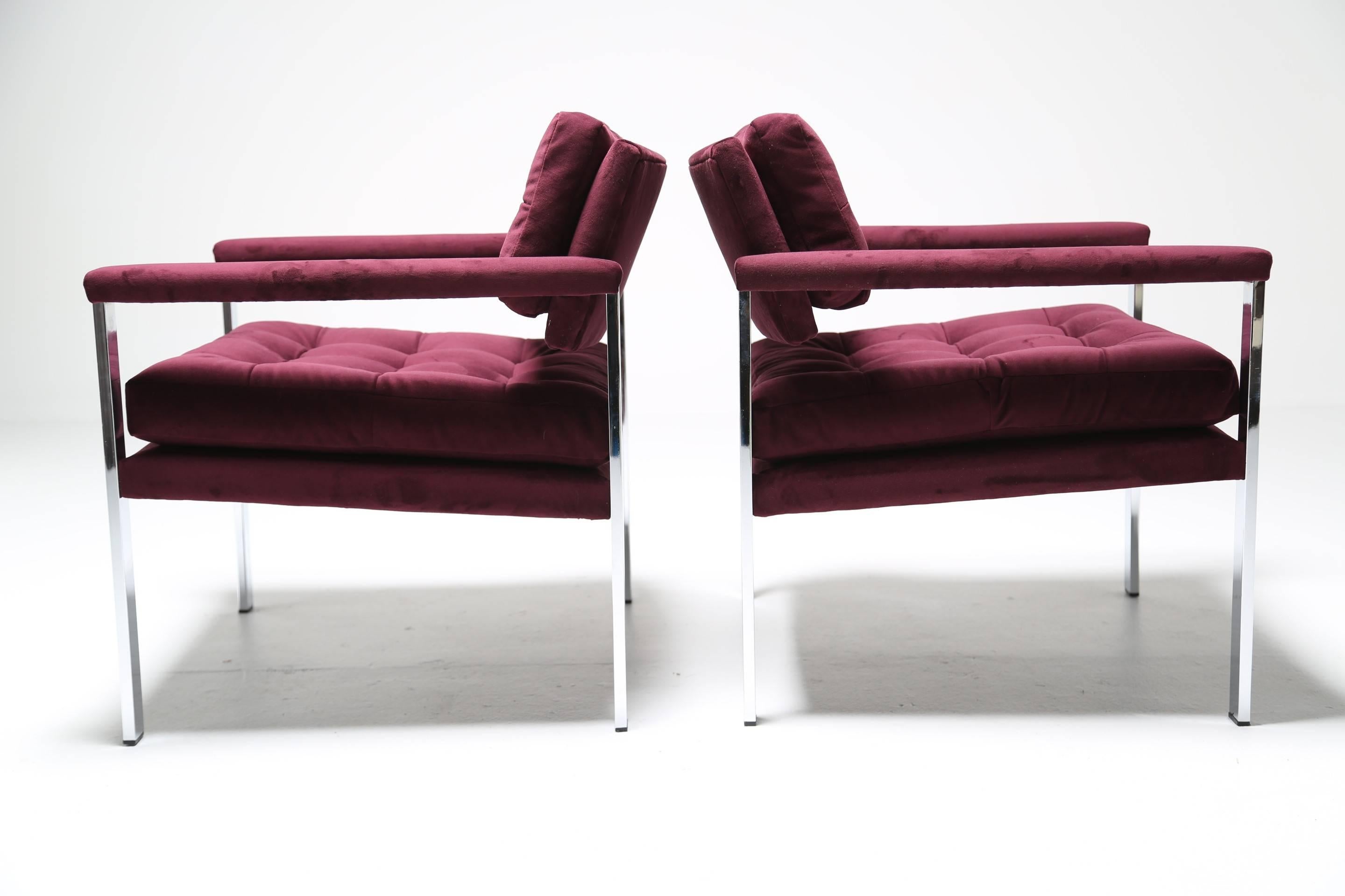 American Selig chrome frame mid-century lounge chairs in the style of Milo Baughman.