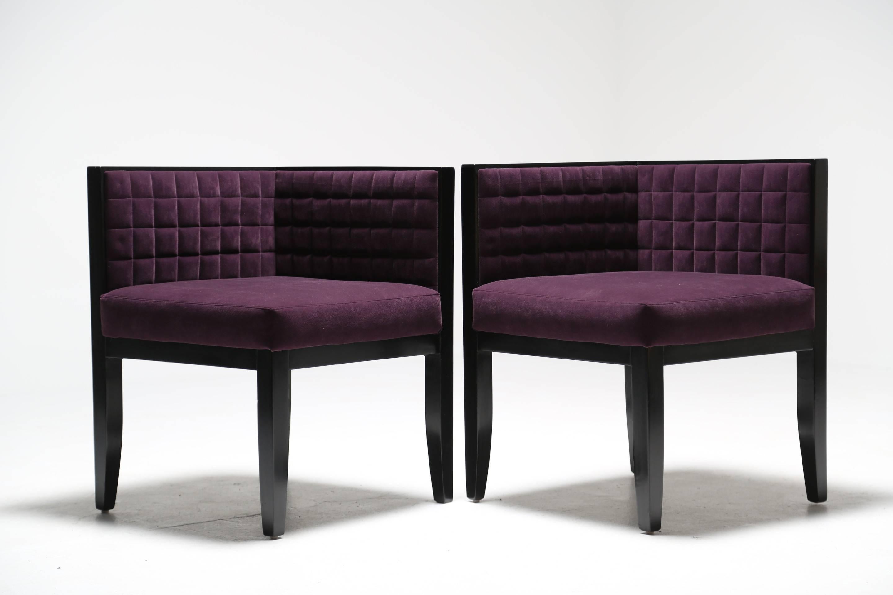 A really smart pair of matching corner chairs by the Italian designer Pietro Constanini are characterised by elegant lines and a detailed boxed quilted back. The fabulous thing about these two is that they look great from all angles. Beautifully
