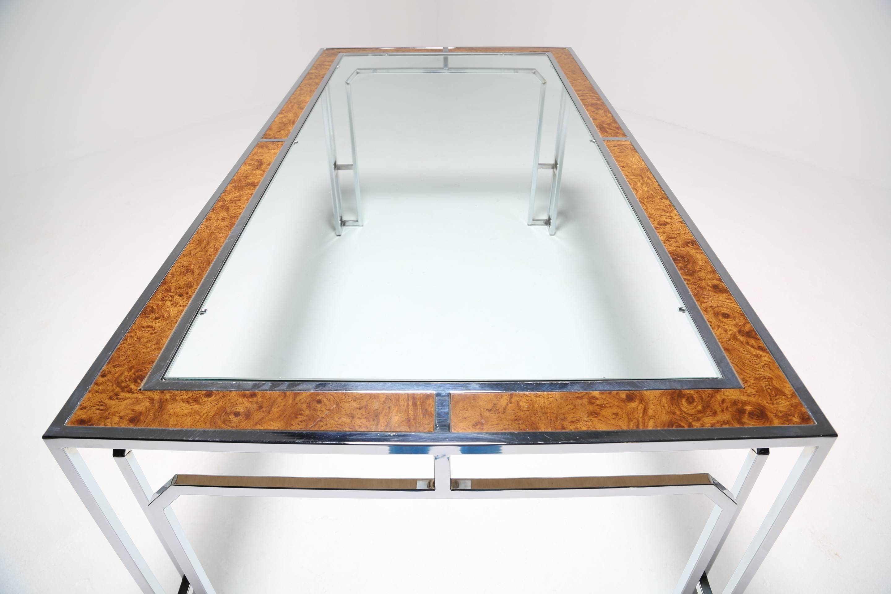 North American Milo Baughman style burlwood, chrome and glass dining table. For Sale
