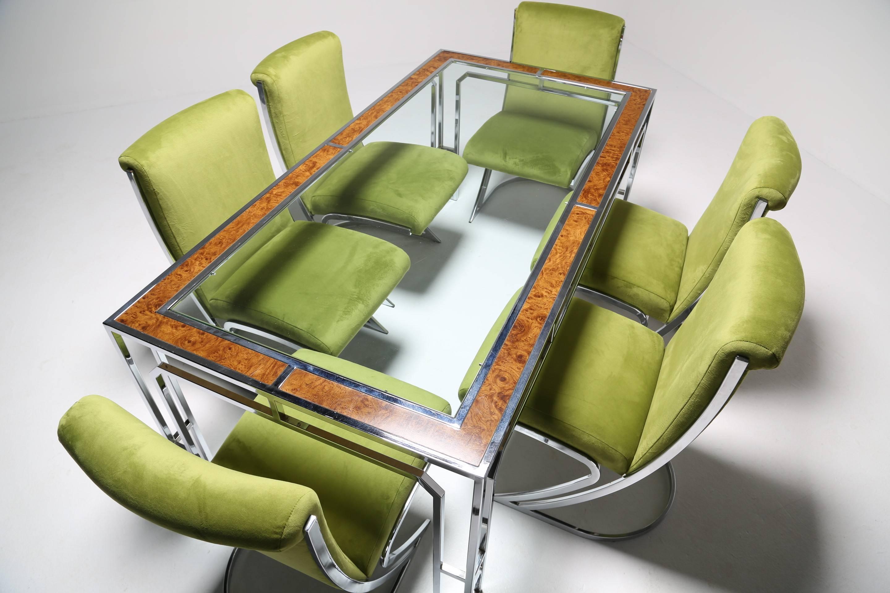 Mid-Century Modern Milo Baughman style burlwood, chrome and glass dining table. For Sale