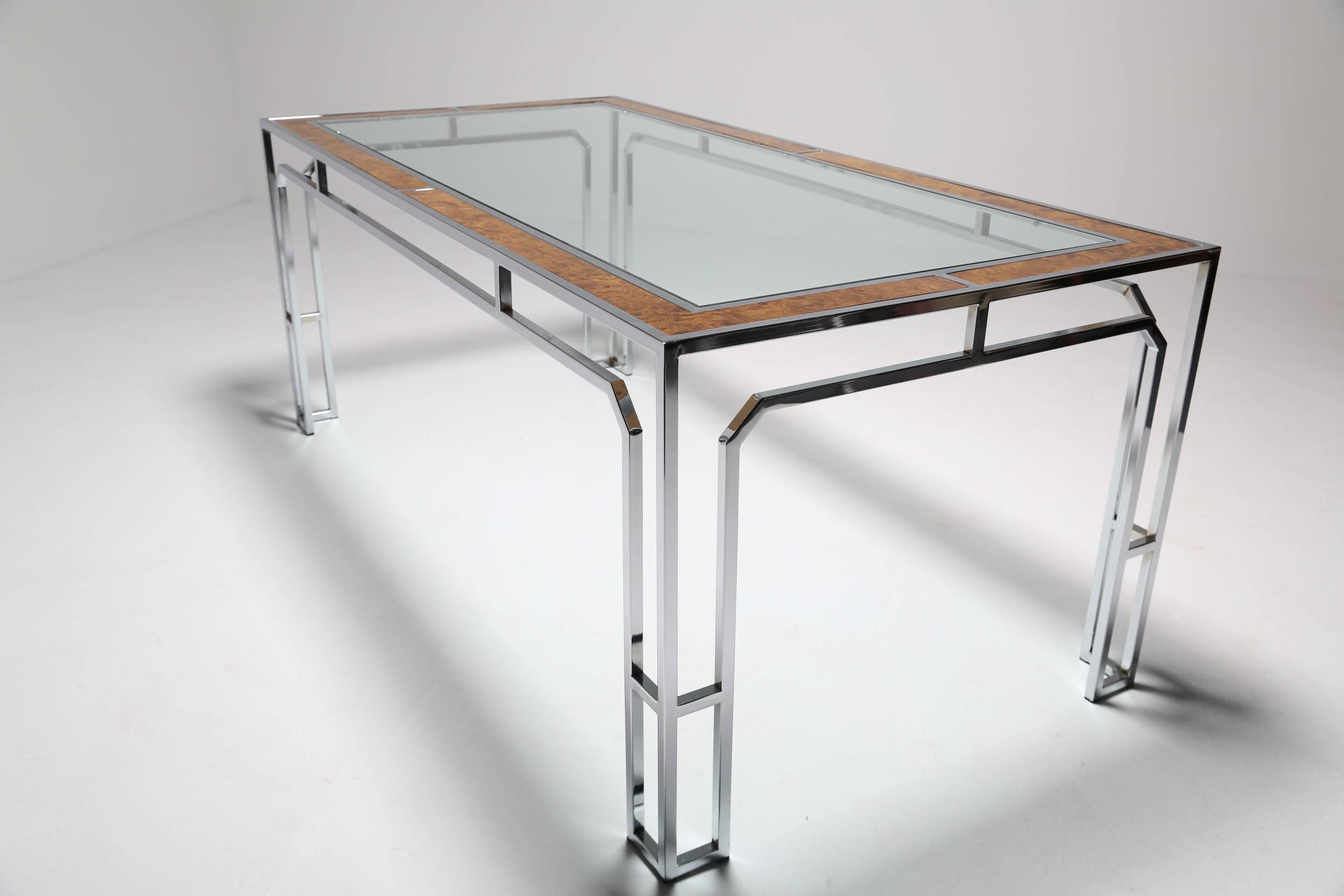Glass Milo Baughman style burlwood, chrome and glass dining table. For Sale