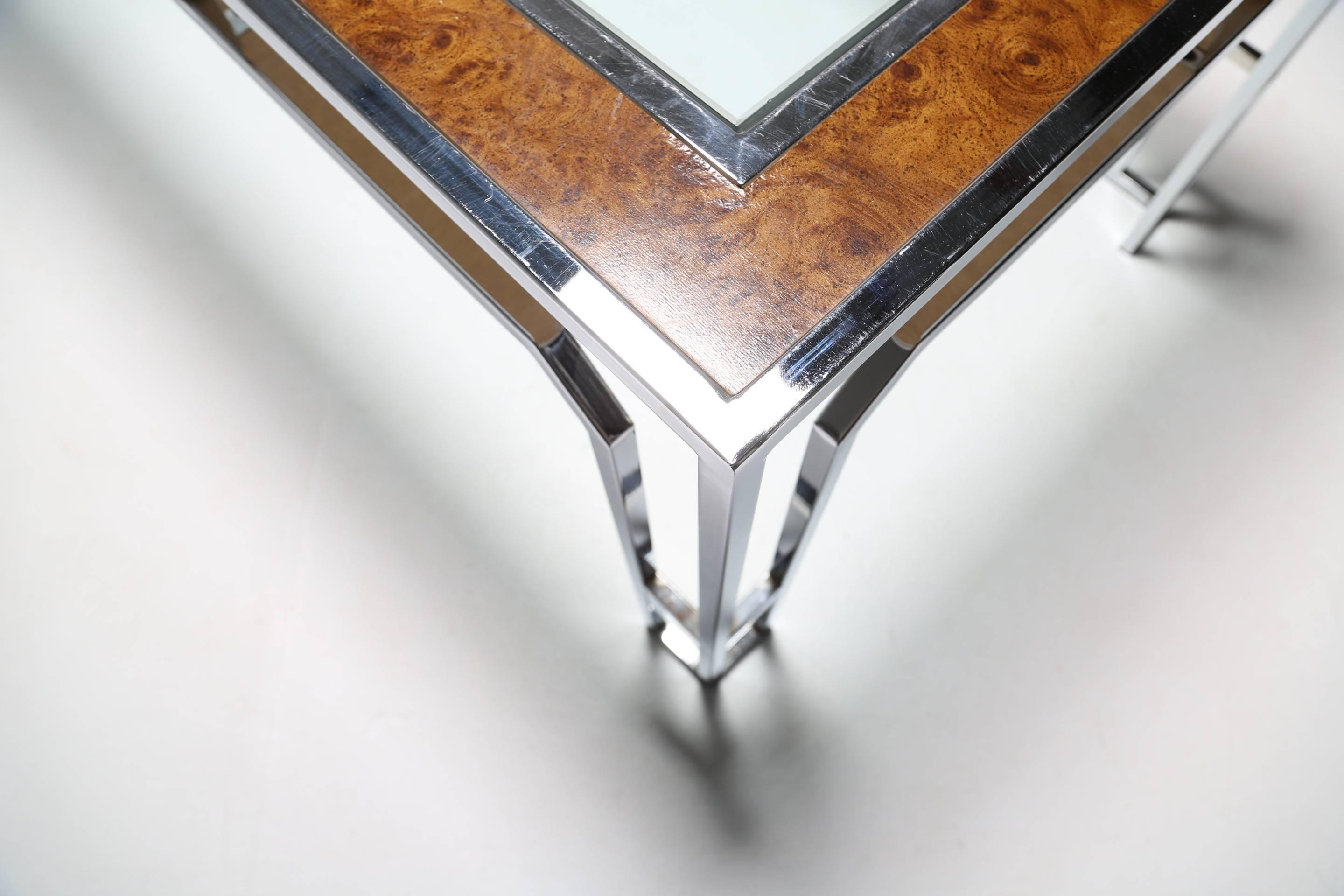 Milo Baughman style burlwood, chrome and glass dining table. For Sale 2