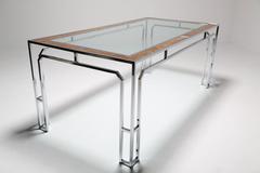 Milo Baughman style burlwood, chrome and glass dining table.