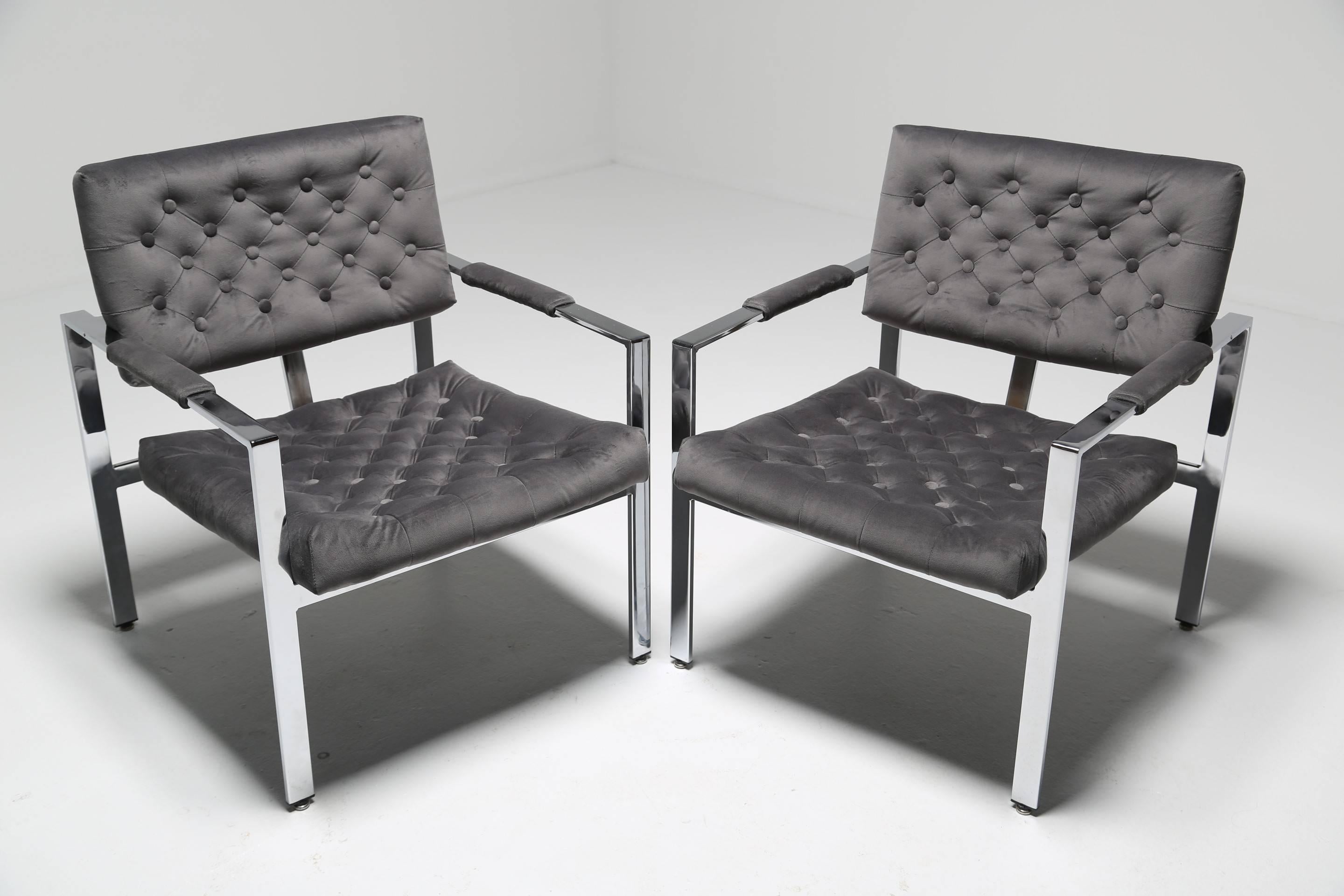 Mid-Century Modern Milo Baughman button tufted velvet mid century chrome Lounge chairs.