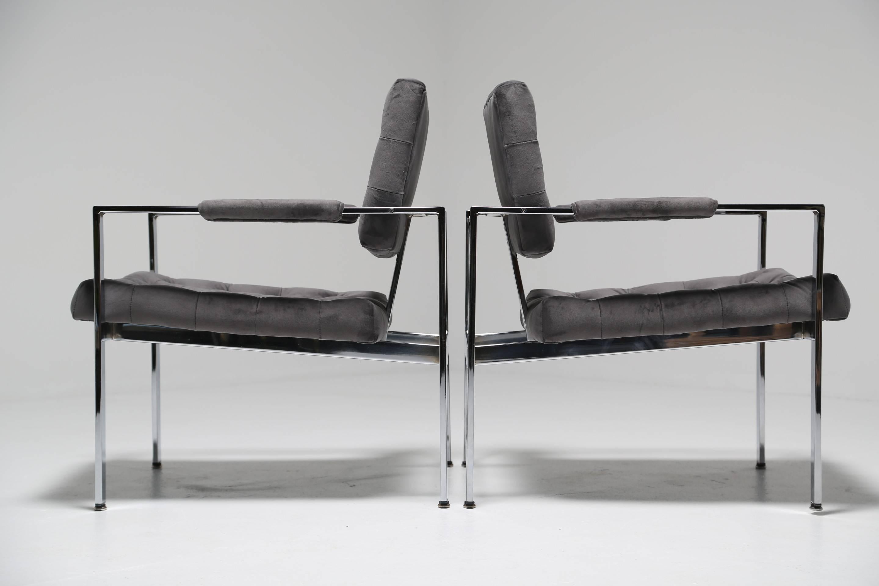 American Milo Baughman button tufted velvet mid century chrome Lounge chairs.