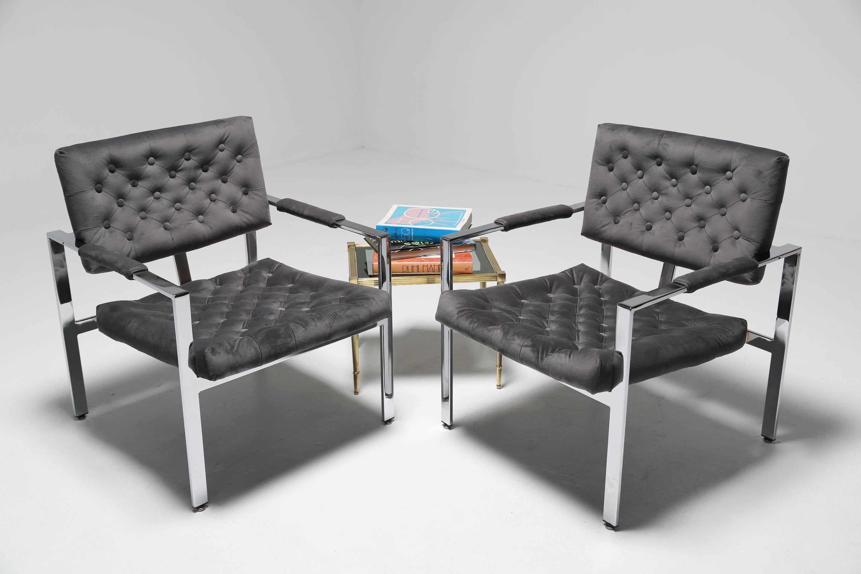 Milo Baughman button tufted velvet mid century chrome Lounge chairs. In Good Condition In Oberstown, Lusk, IE