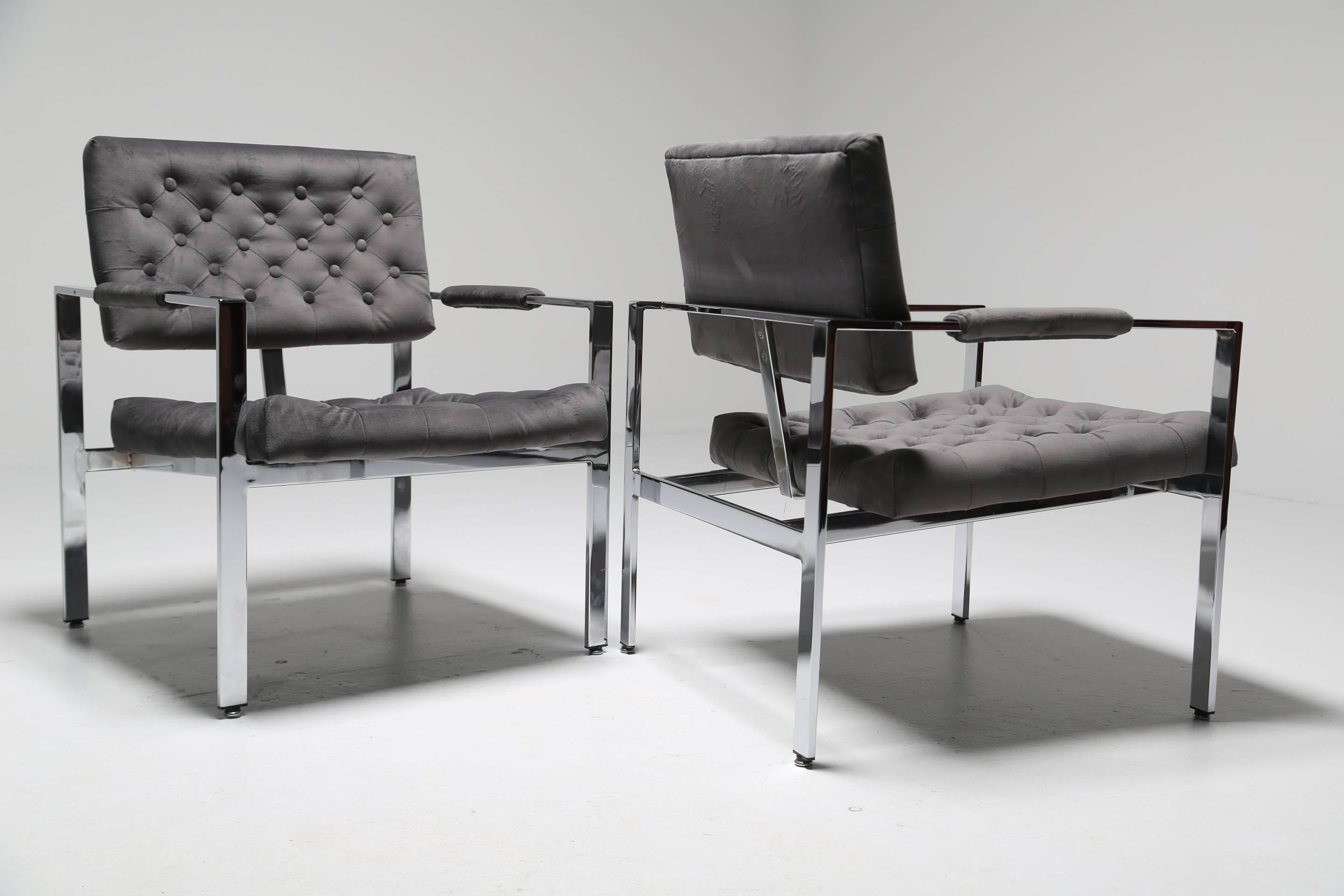 Late 20th Century Milo Baughman button tufted velvet mid century chrome Lounge chairs.