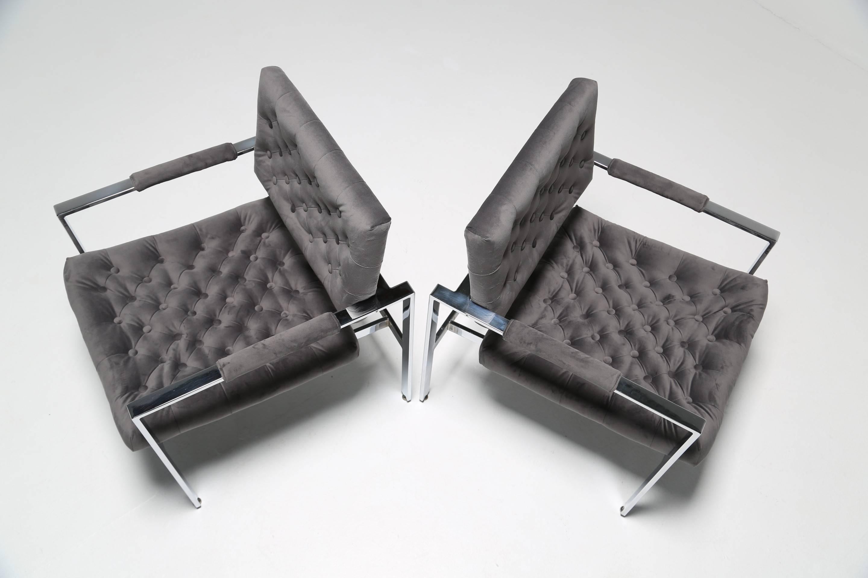 Velvet Milo Baughman button tufted velvet mid century chrome Lounge chairs.