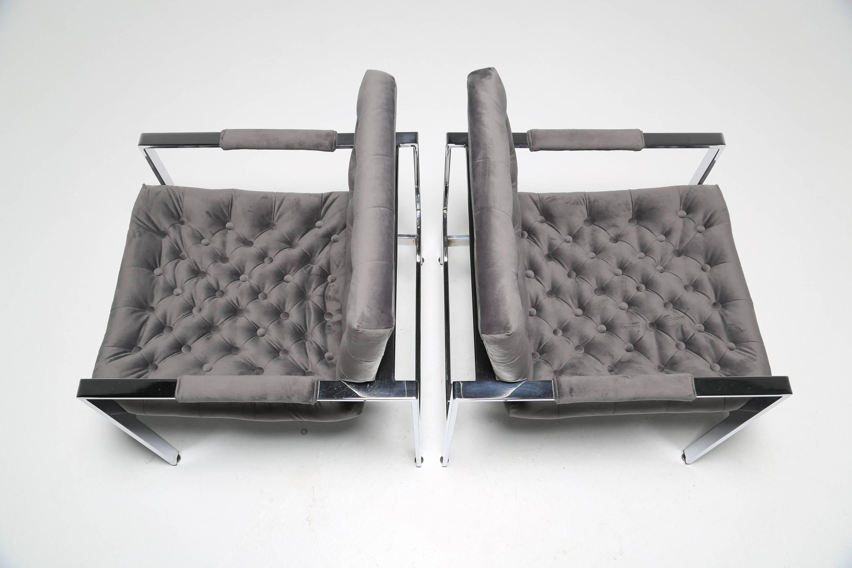 Milo Baughman button tufted velvet mid century chrome Lounge chairs. 1