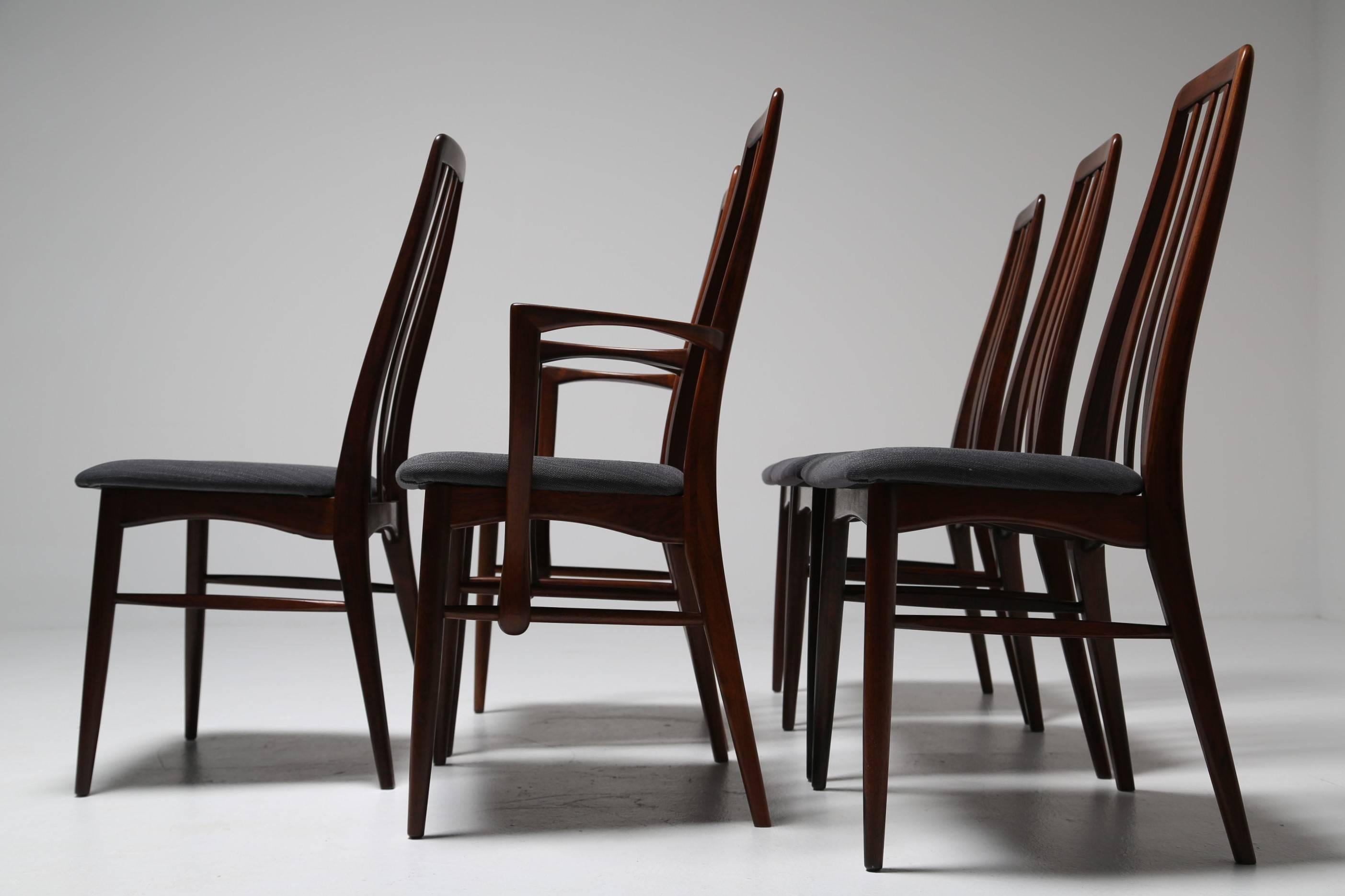 A stunning set of six 'Eva' dining chairs by Danish designer Niels Koefoed. Lightweight yet sturdy there are two Carvers among this beautifully designed set. There is a gentle angle to the back of the chairs and all chairs have been newly