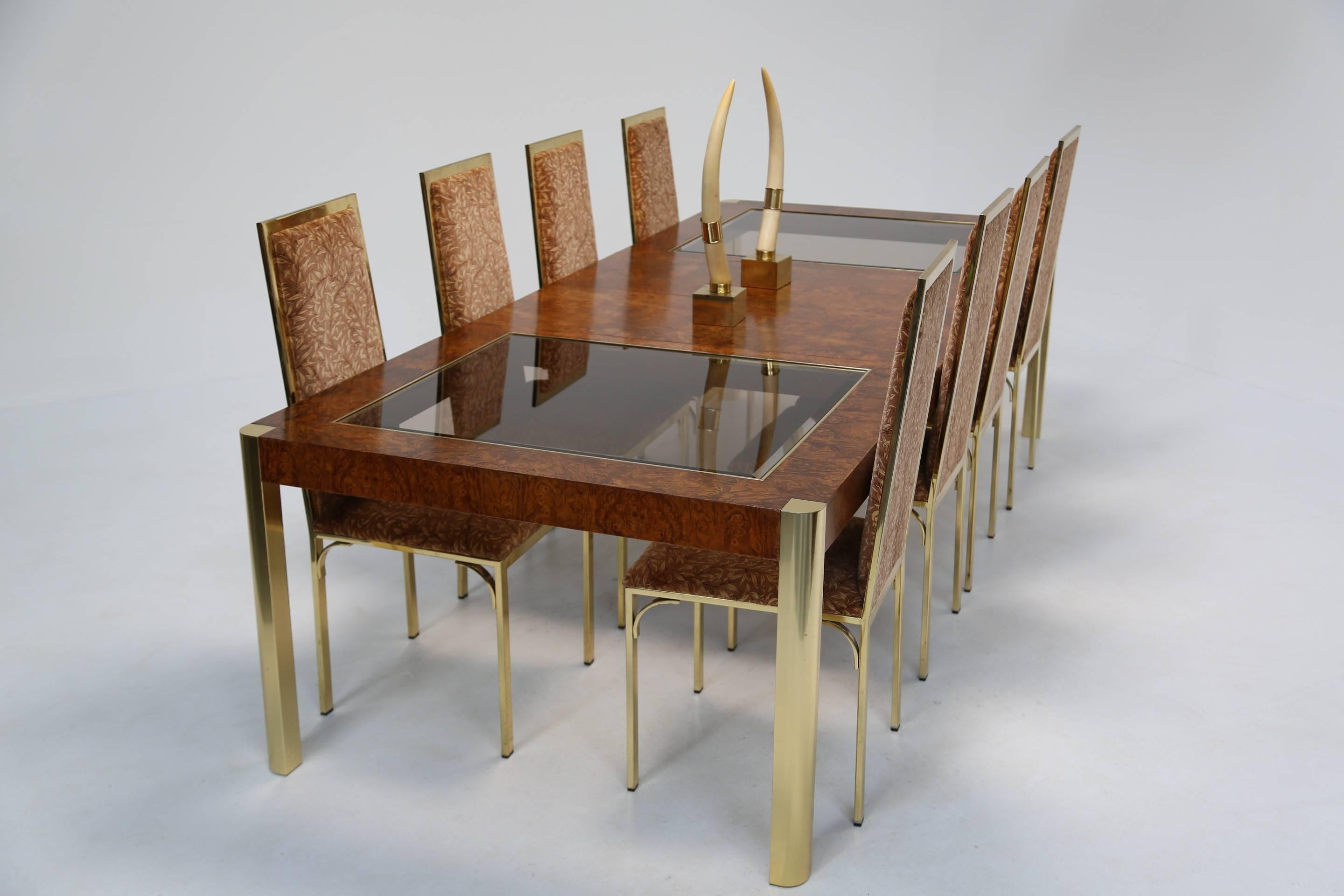 Late 20th Century Century Furniture burlwood and brass mid century extending dining table. For Sale