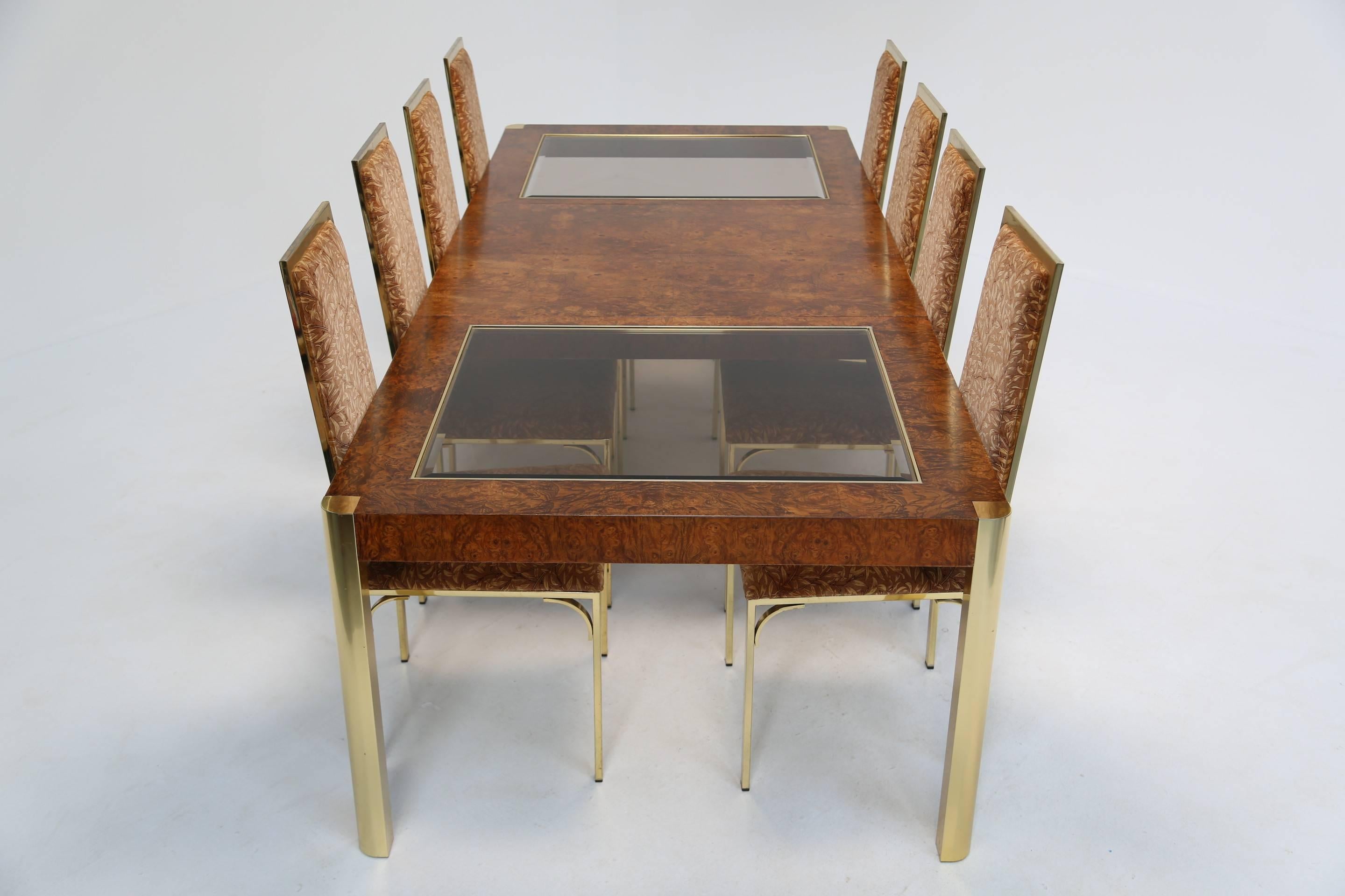 Brass Century Furniture burlwood and brass mid century extending dining table. For Sale