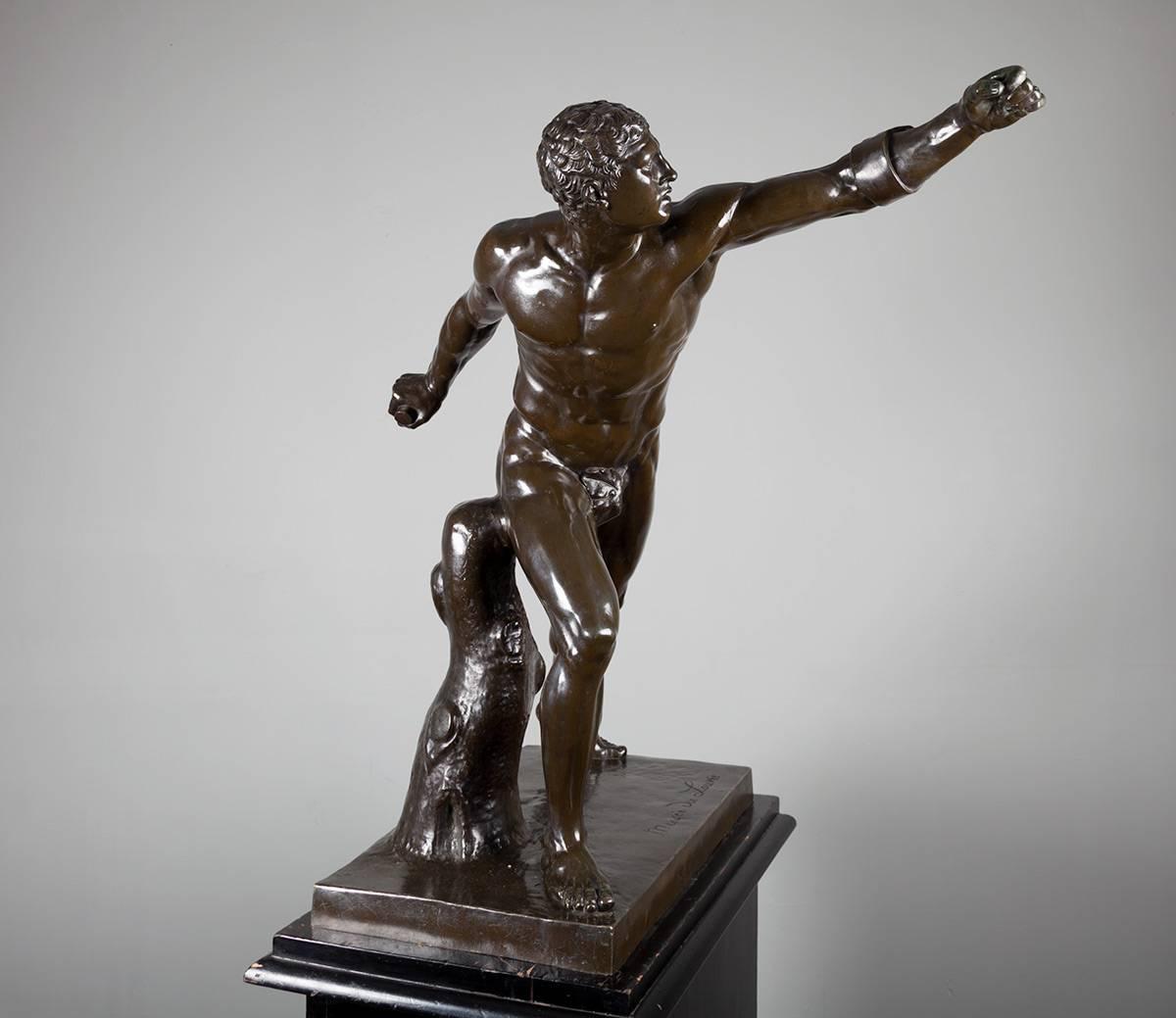 A very fine late 19th century full size bronze figure of the Borghese Gladiator.

Depicted standing nude and lunging forward by a punch-decorated tree trunk with cast inscription “Musee du Louvre” to the rectangular base.

The famous original