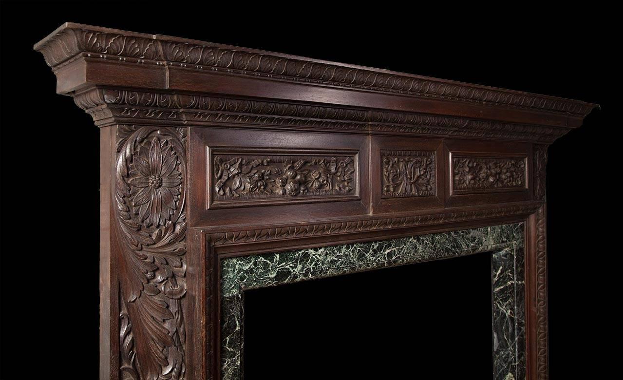 Marble English Antique Carved Teak Fireplace