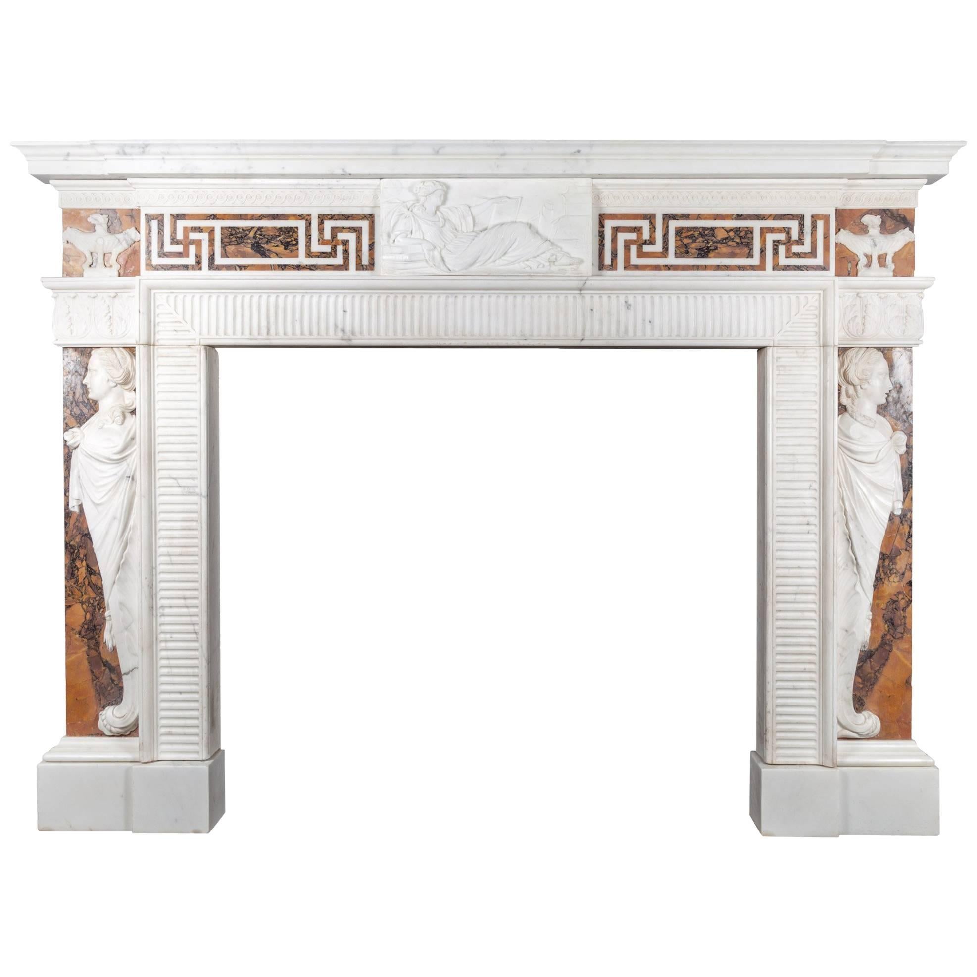 George III Neoclassical Statuary and Sienna Marble Fireplace For Sale