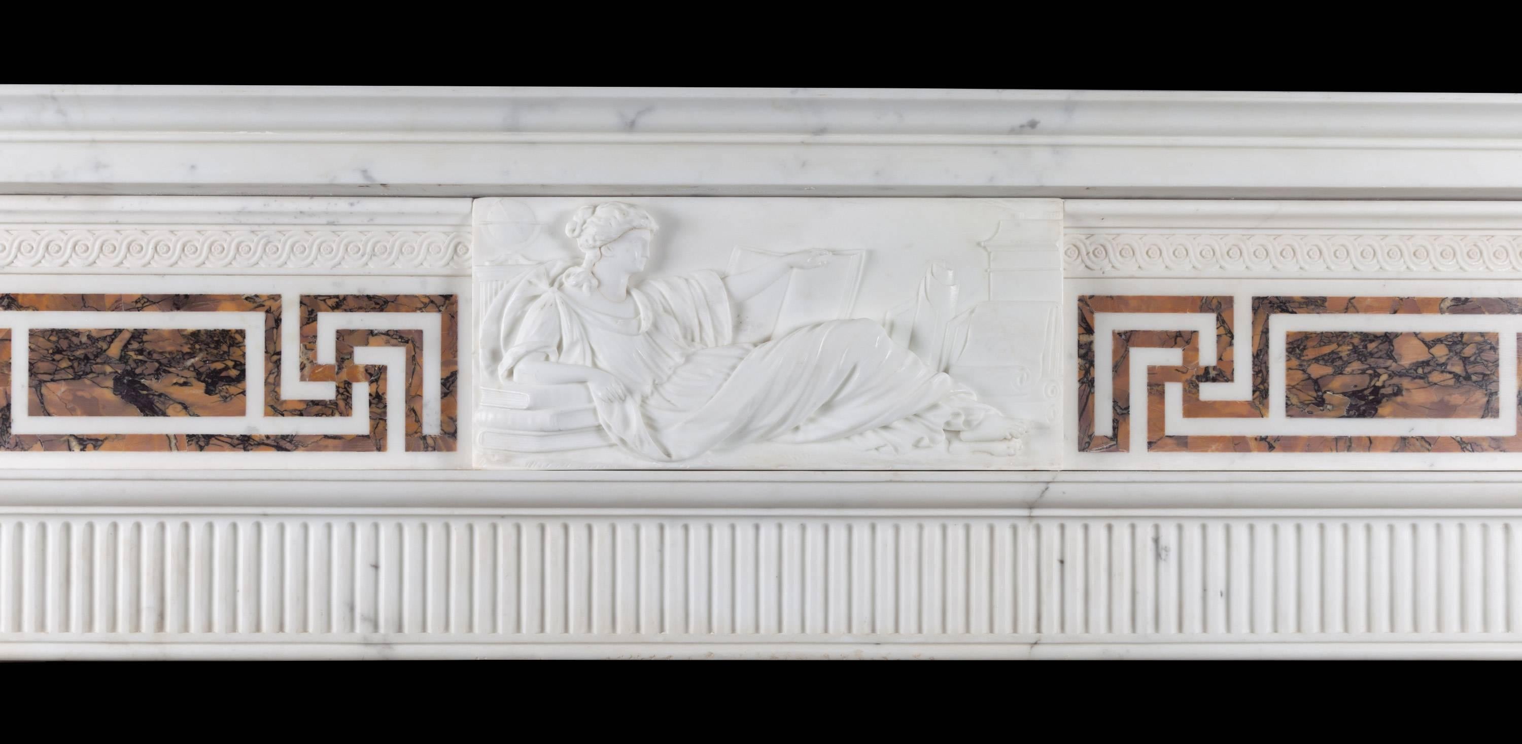 Two white marble side projecting female terms, set on Sienna marble panels, are below tall acanthus leaf capitals and urn corner blocks. An exquisitely carved centre tablet depicts Clio, the muse of epic poetry and history, in a reclining position