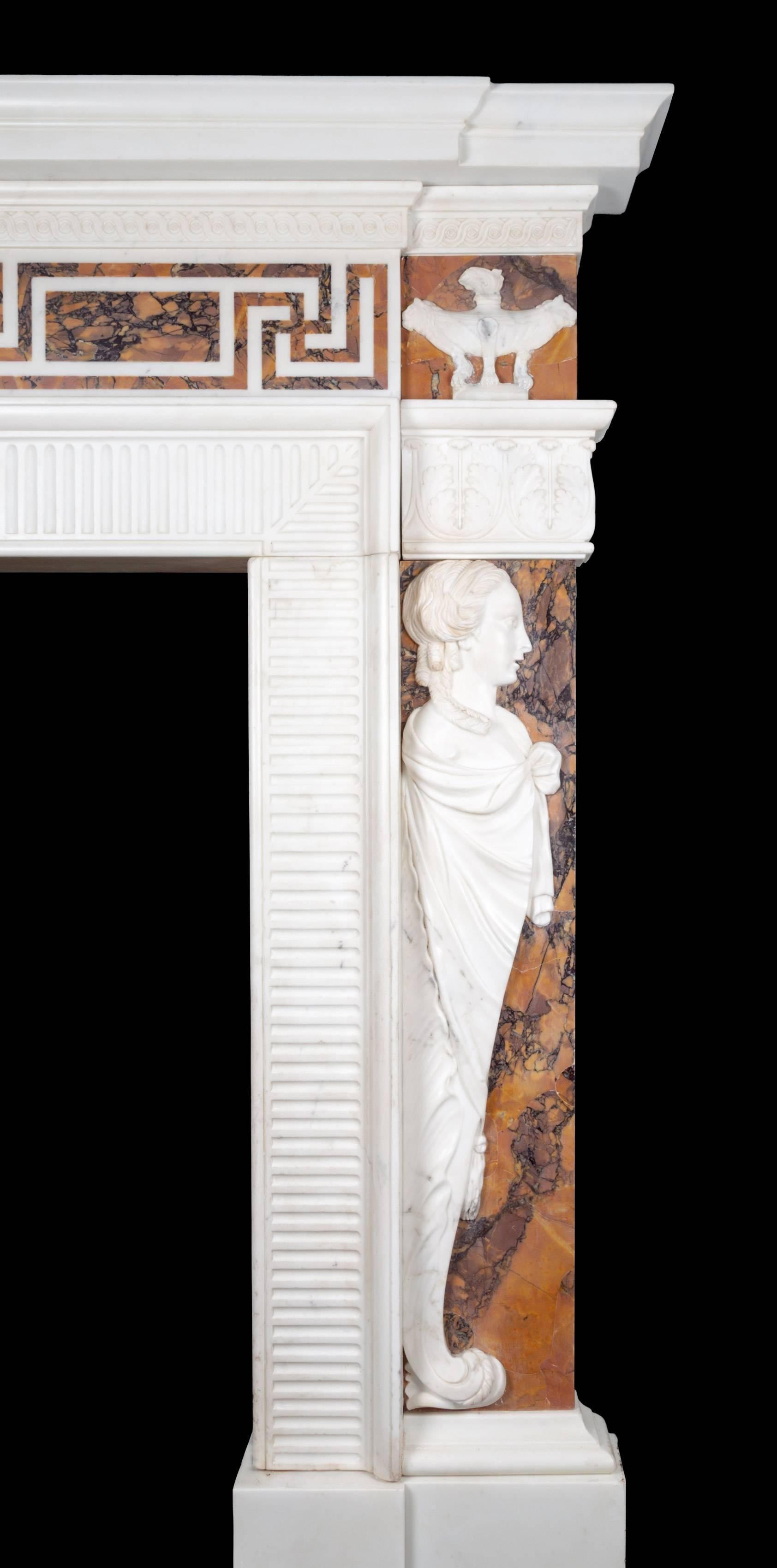 English George III Neoclassical Statuary and Sienna Marble Fireplace For Sale