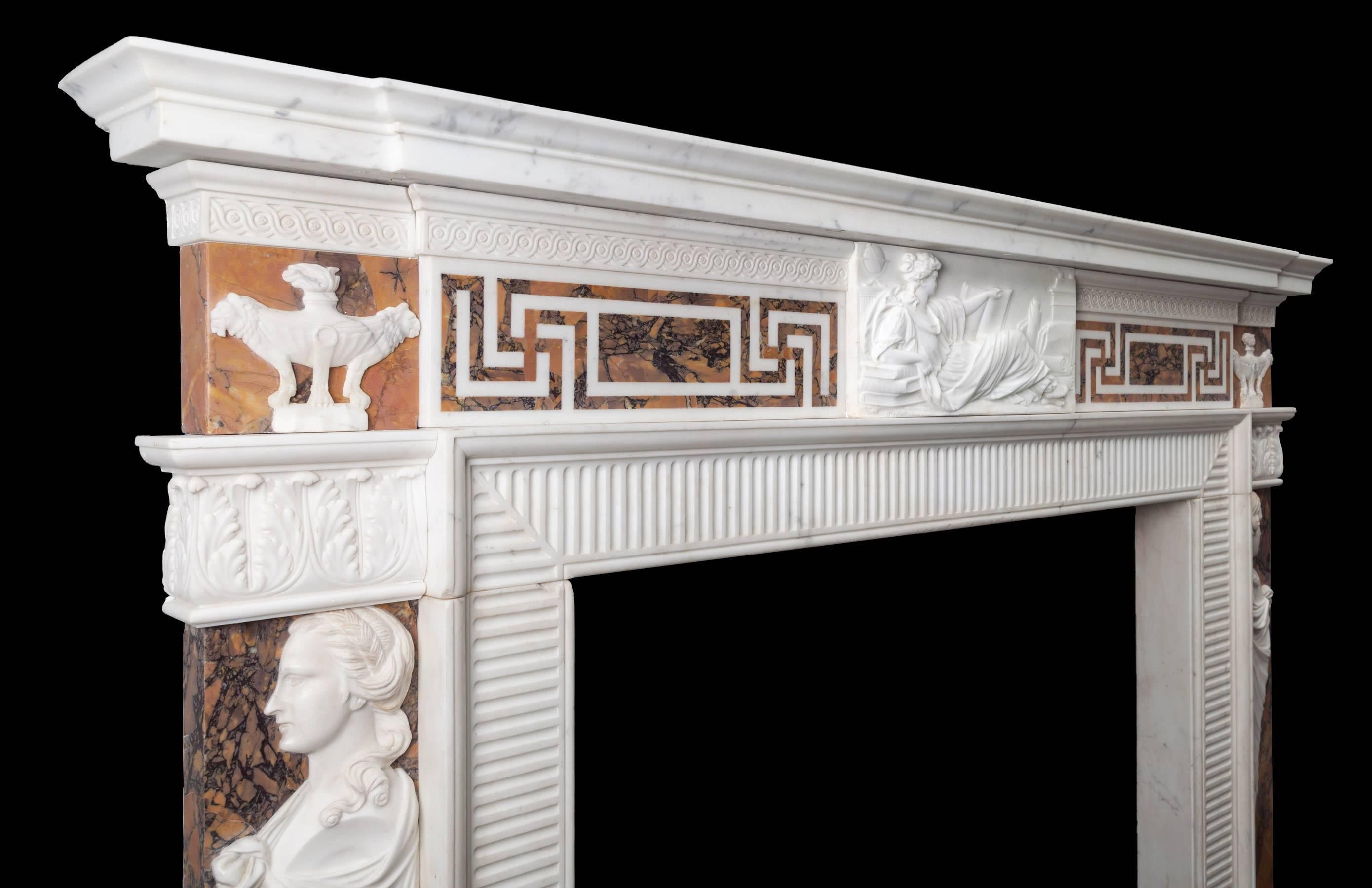 Carved George III Neoclassical Statuary and Sienna Marble Fireplace For Sale