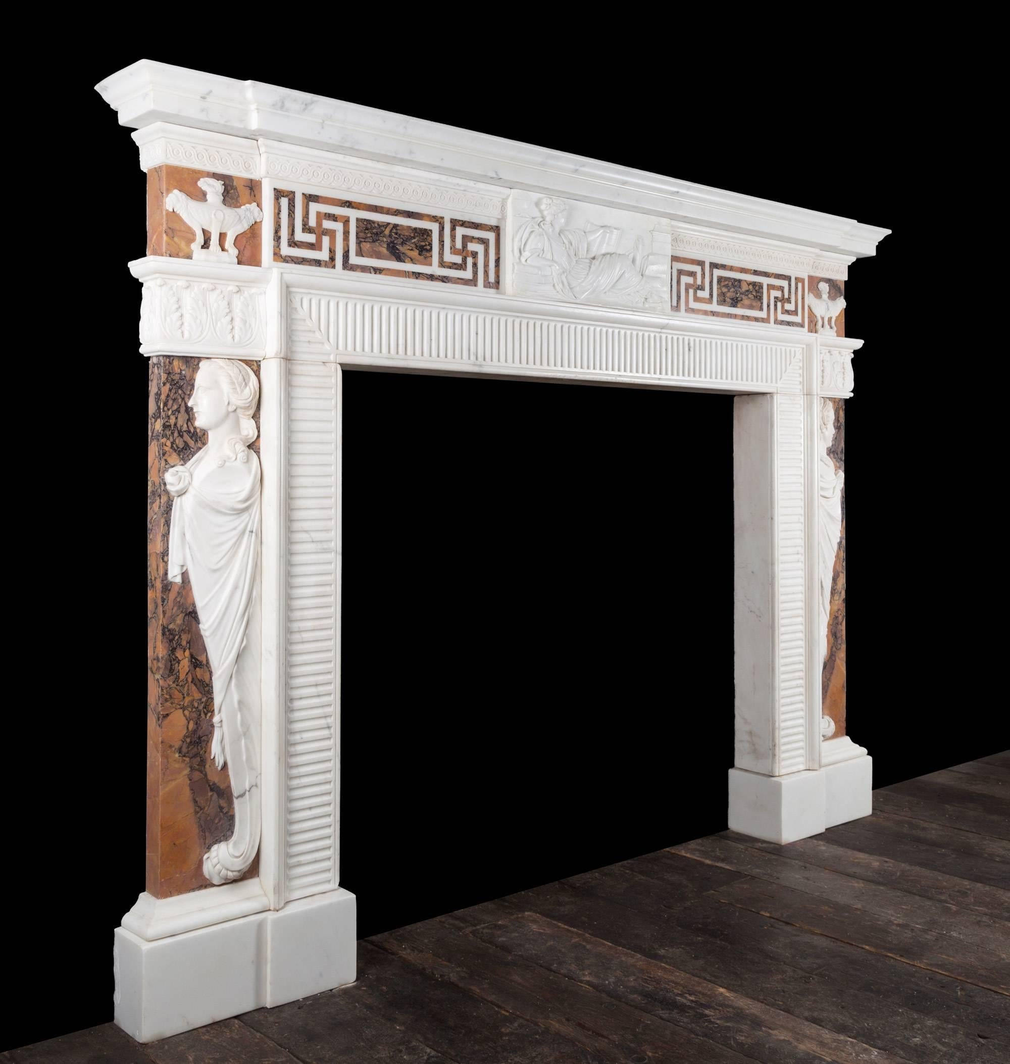 18th Century George III Neoclassical Statuary and Sienna Marble Fireplace For Sale