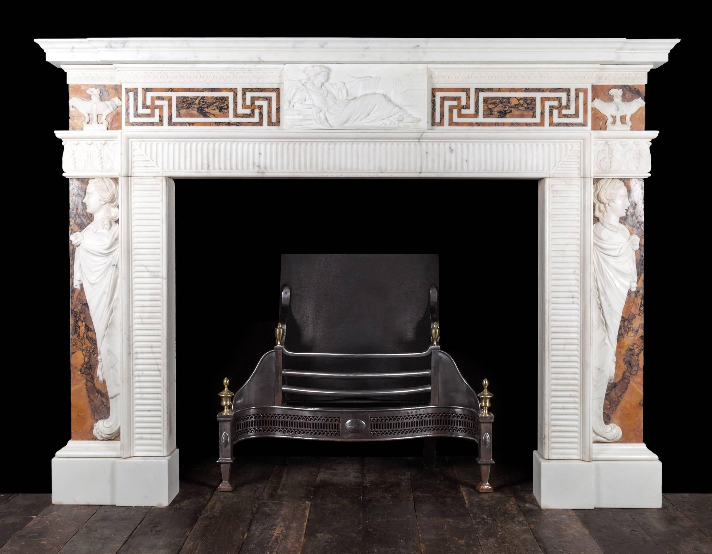 III Neoclassical Statuary and Sienna Marble Fireplace For Sale