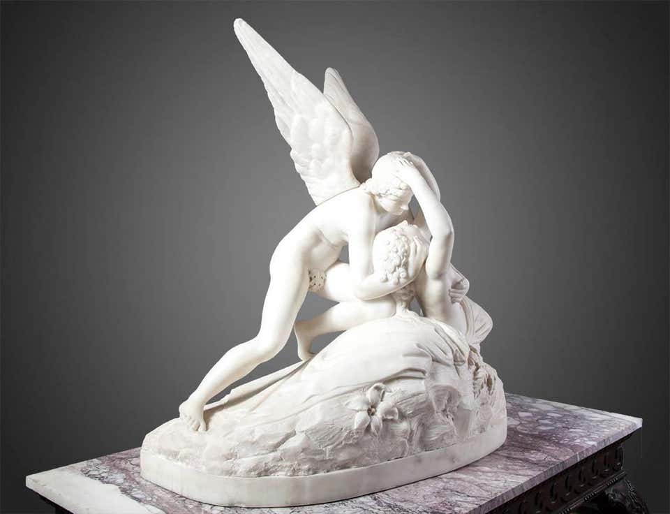 Neoclassical Psyche Revived by Cupid’s Kiss Sculpture For Sale