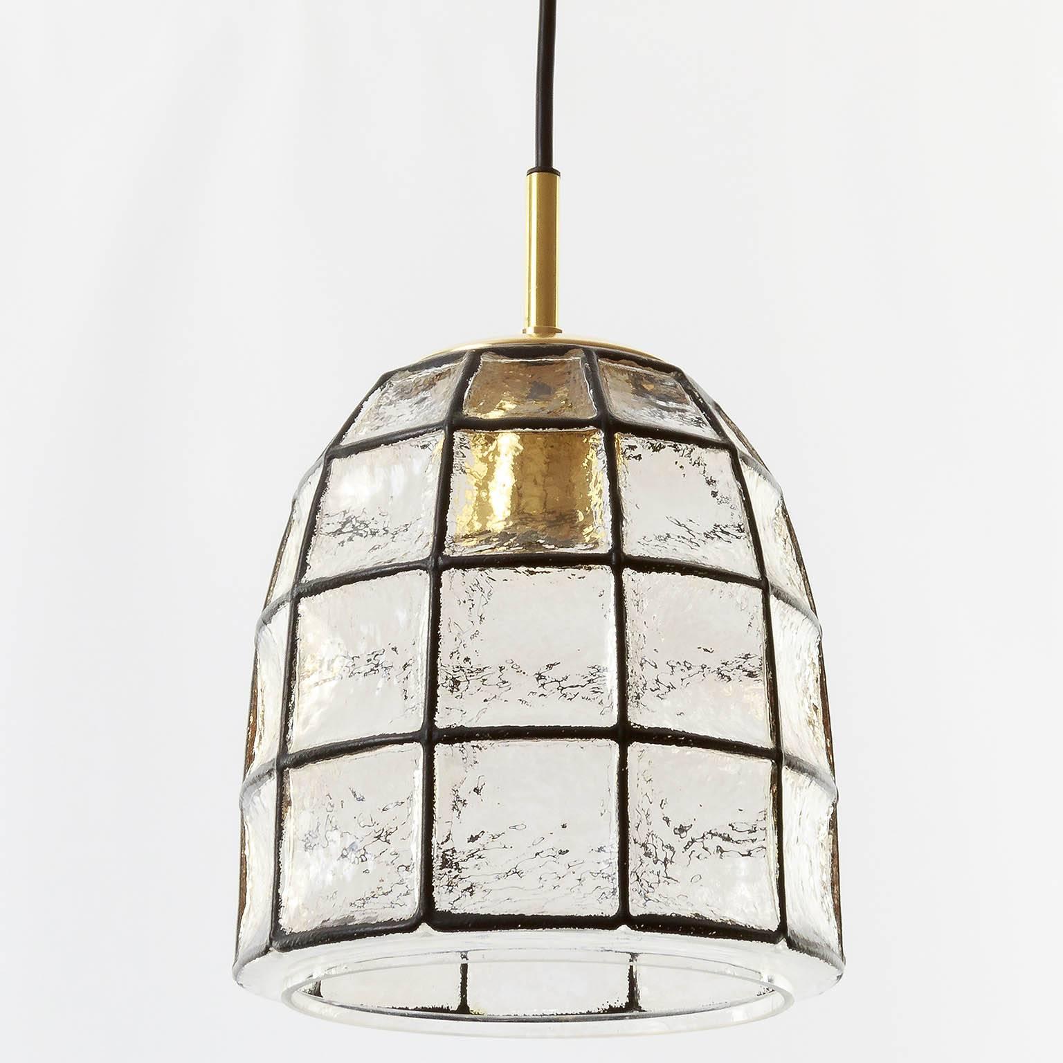 German Limburg Iron Glass and Brass Pendant Light, 1960s