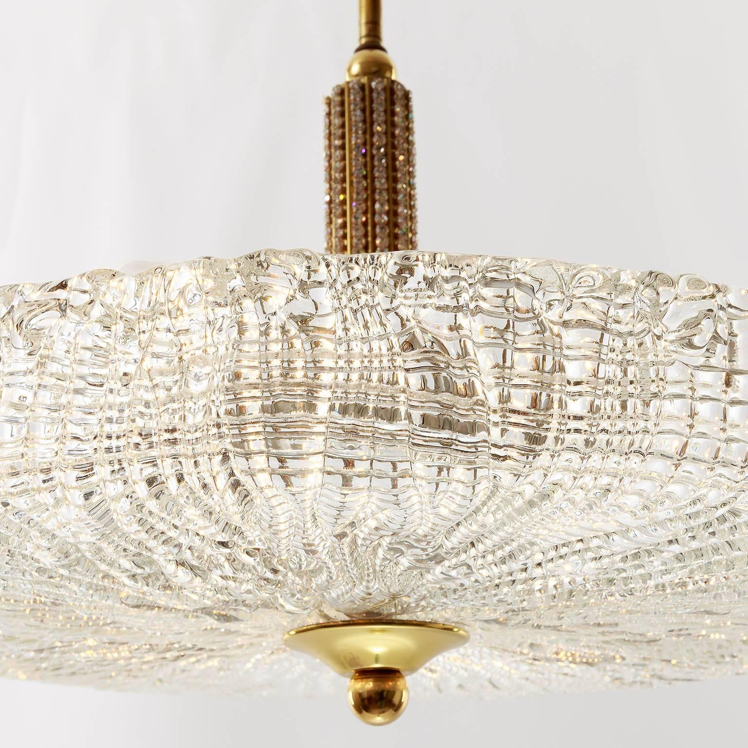 1960s Chandelier, Textured Glass Brass Crystal 1