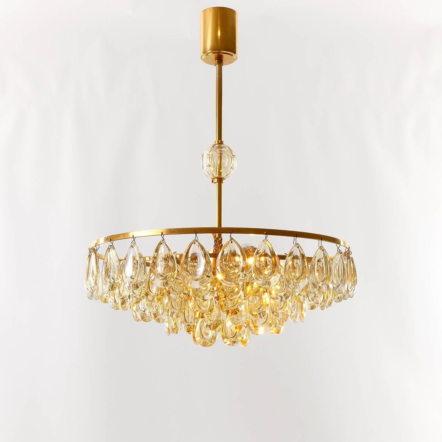 Palwa Chandelier, Gilded Brass and Amber Tone Glass, 1960s For Sale 2