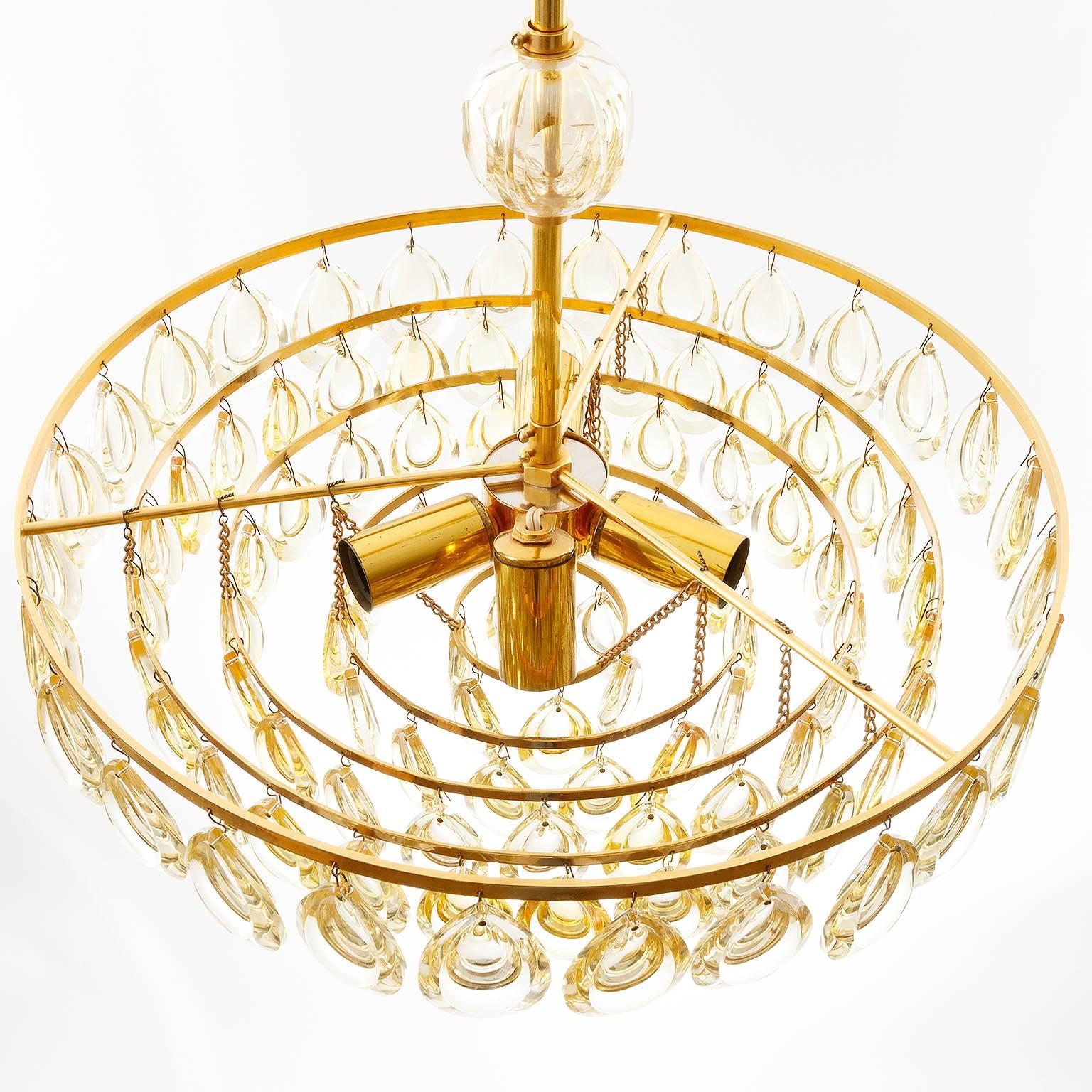 German Palwa Chandelier, Gilded Brass and Amber Tone Glass, 1960s For Sale