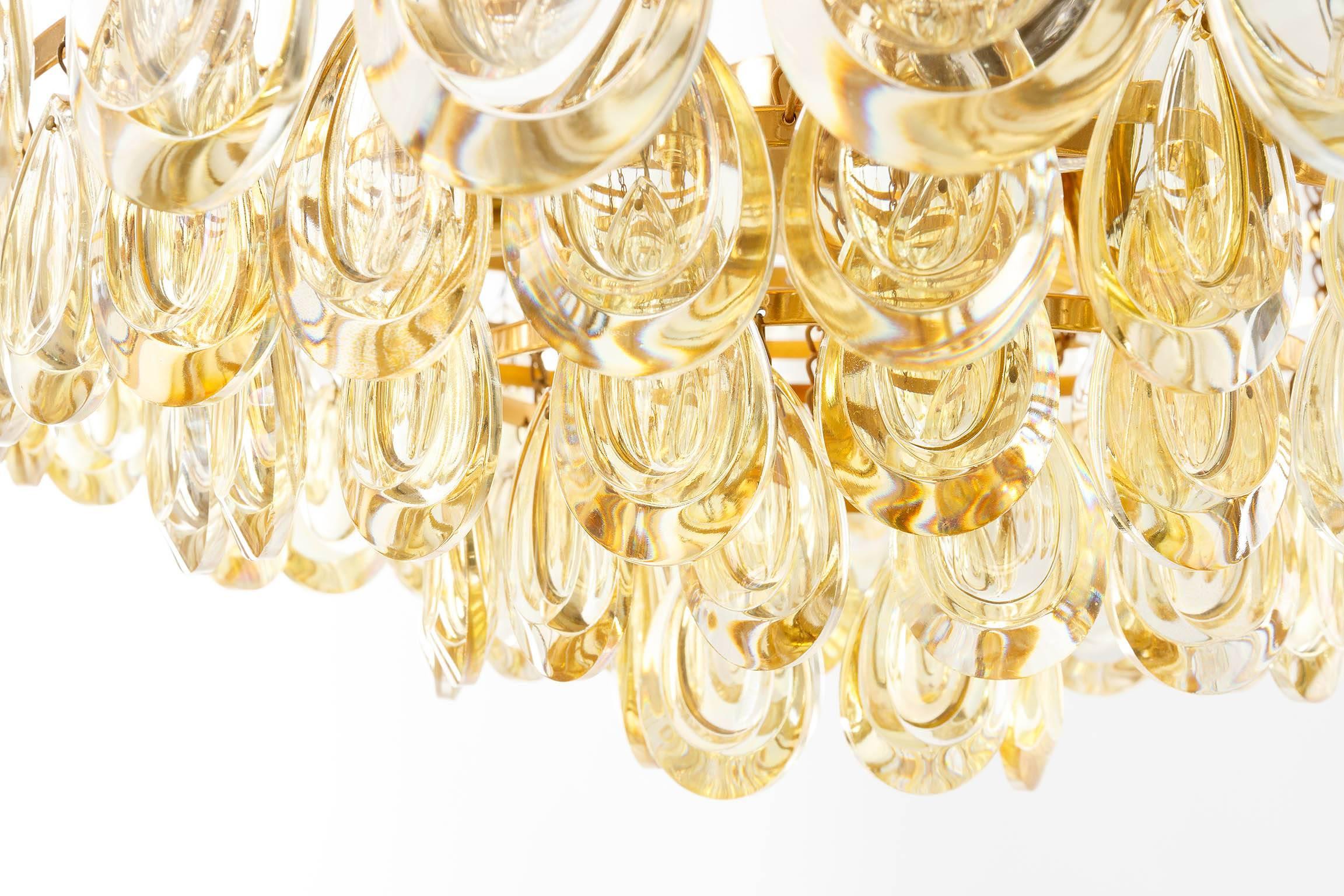 Mid-20th Century Palwa Chandelier, Gilded Brass and Amber Tone Glass, 1960s For Sale