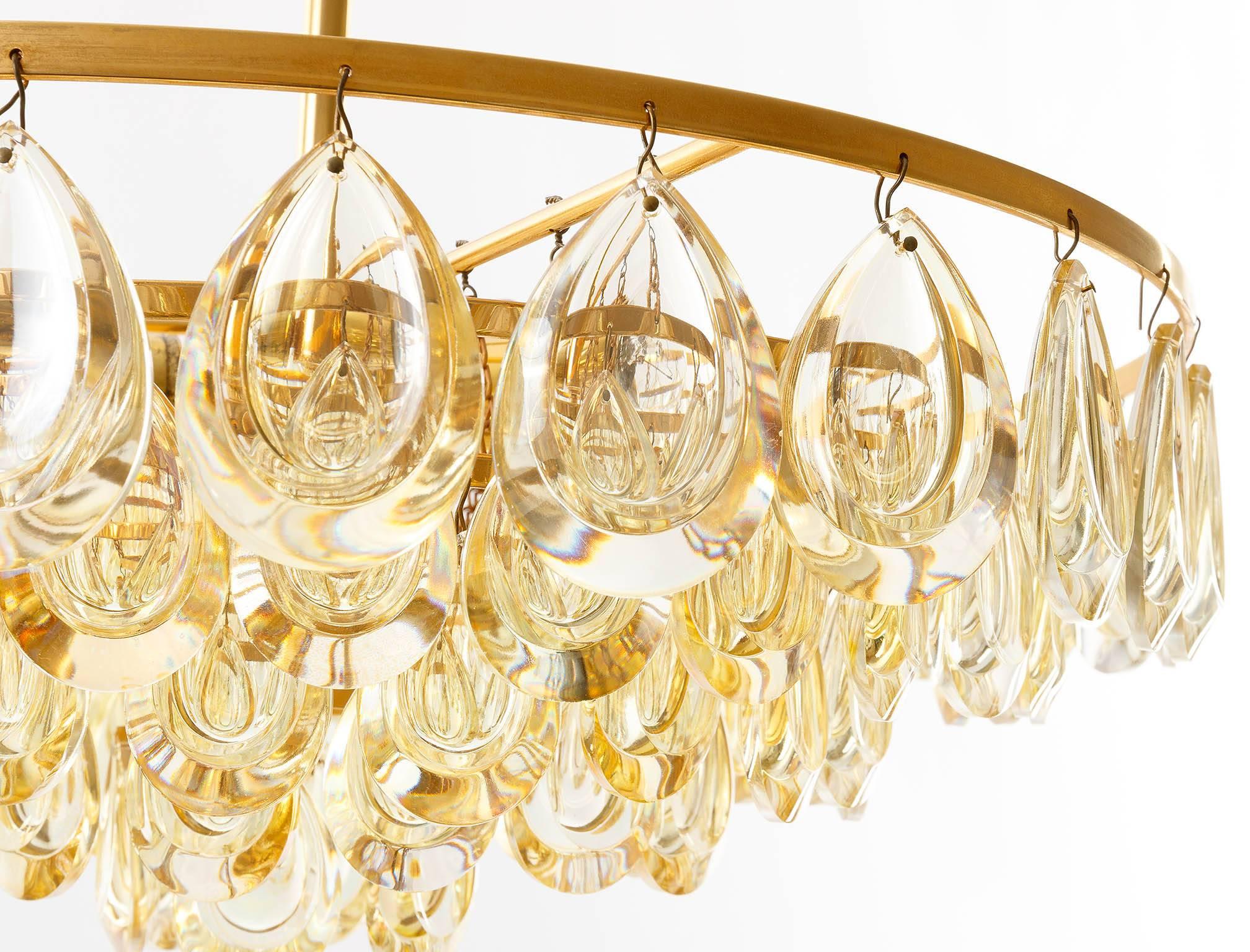 Gold Plate Palwa Chandelier, Gilded Brass and Amber Tone Glass, 1960s For Sale