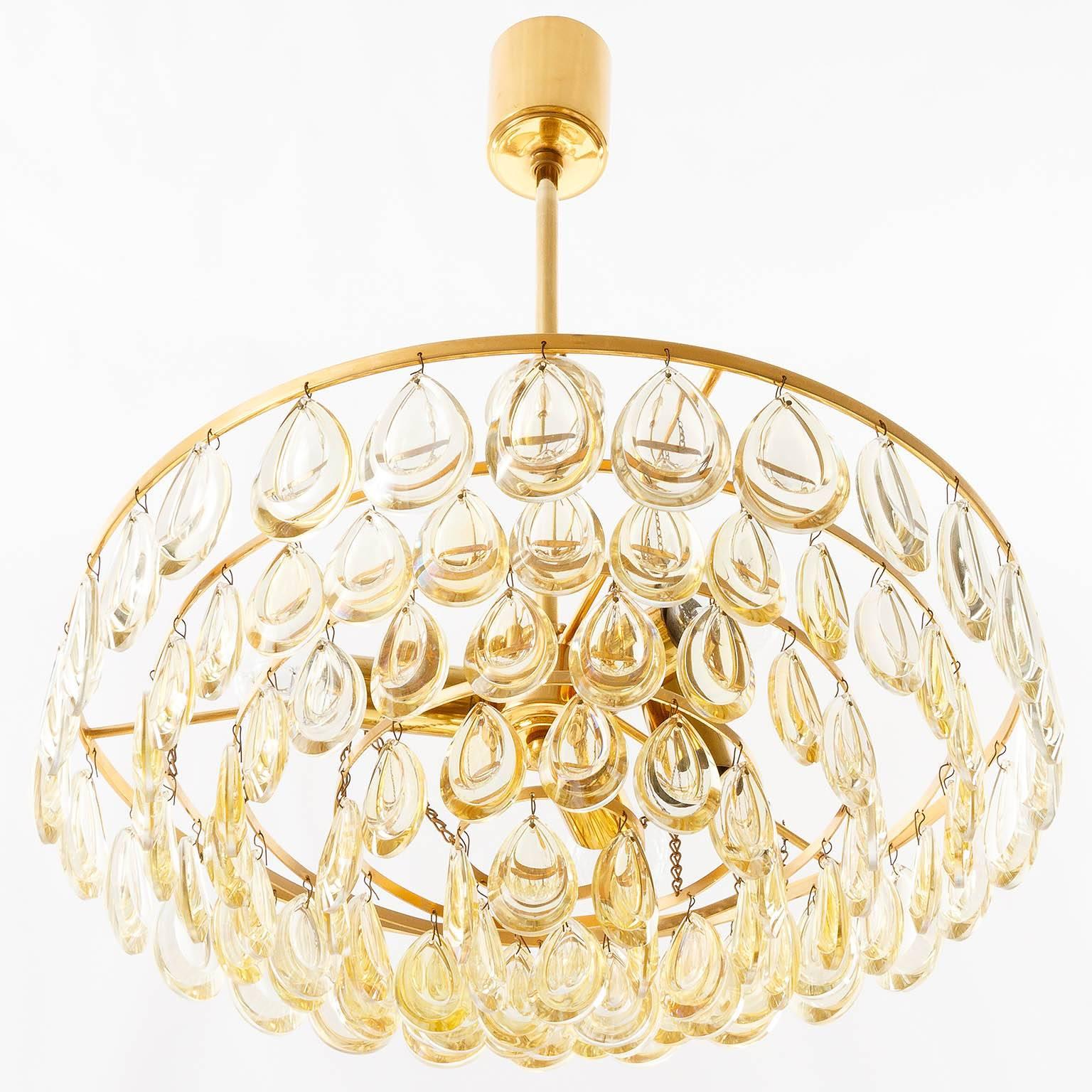 Mid-Century Modern Palwa Chandelier, Gilded Brass and Amber Tone Glass, 1960s For Sale