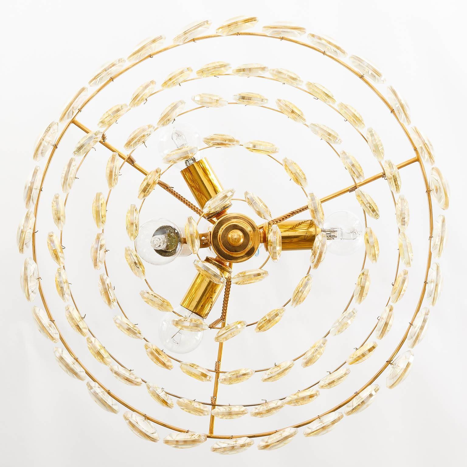 Gilt Palwa Chandelier, Gilded Brass and Amber Tone Glass, 1960s For Sale