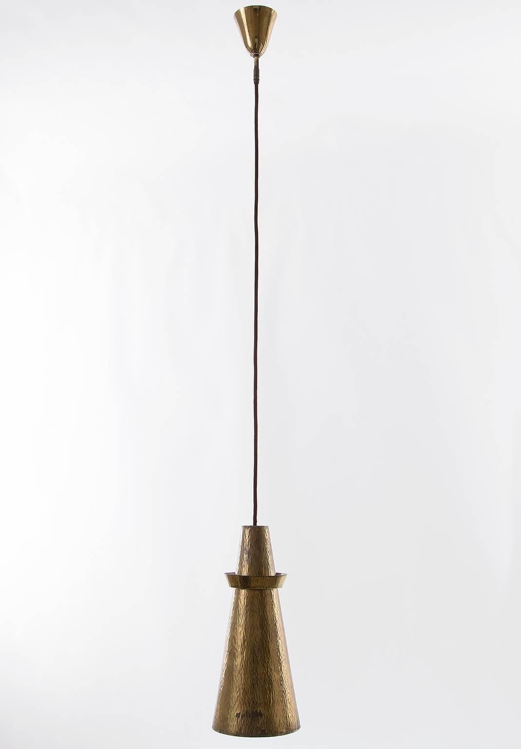 One of Six Pendant Lights, Hammered Patinated Brass, 1960s For Sale 1